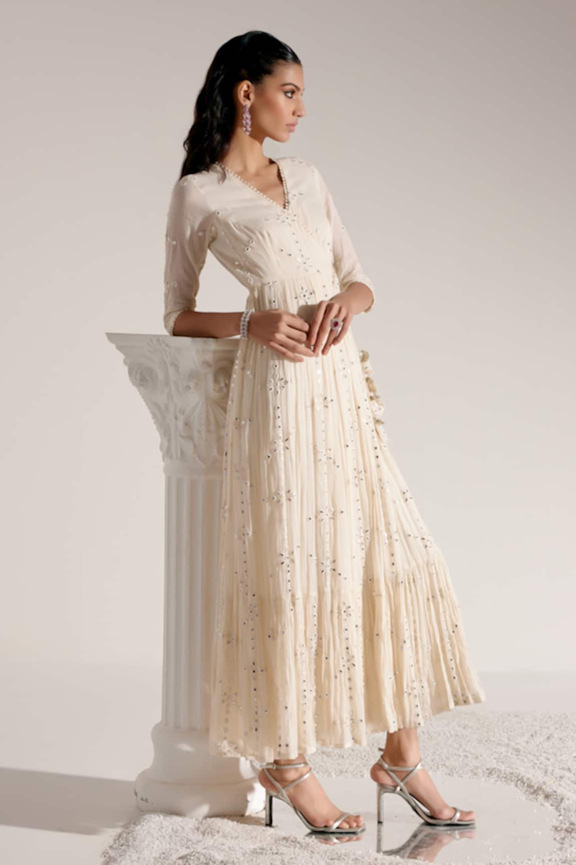PREEVIN Floral Mirror Embellished Angarkha With Dupatta 