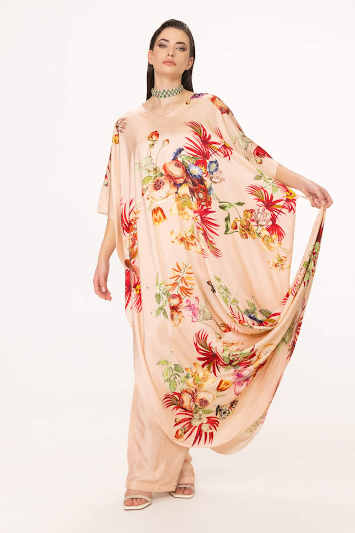 EEKSHA Tropical Placement Print Draped Dress