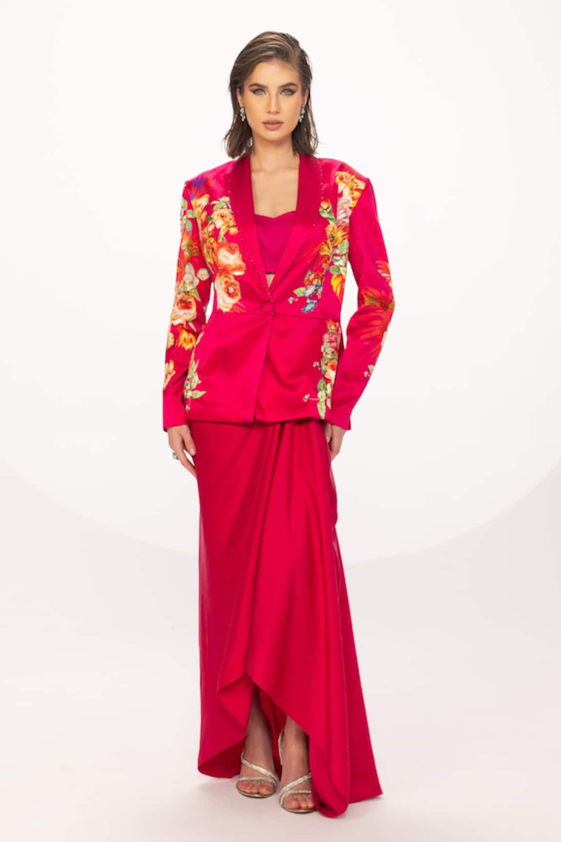 EEKSHA Rose Print Blazer Pick Up Skirt Set