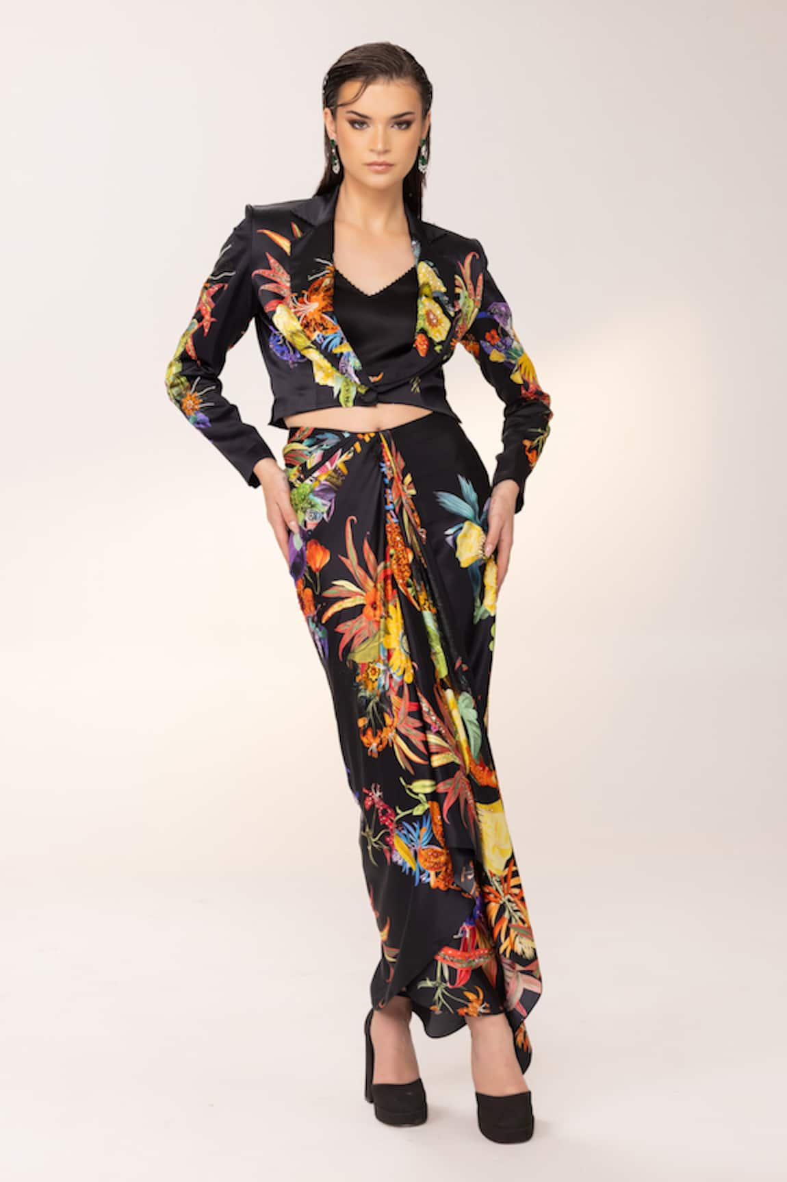 EEKSHA Botanical Print Cropped Blazer Draped Skirt Set