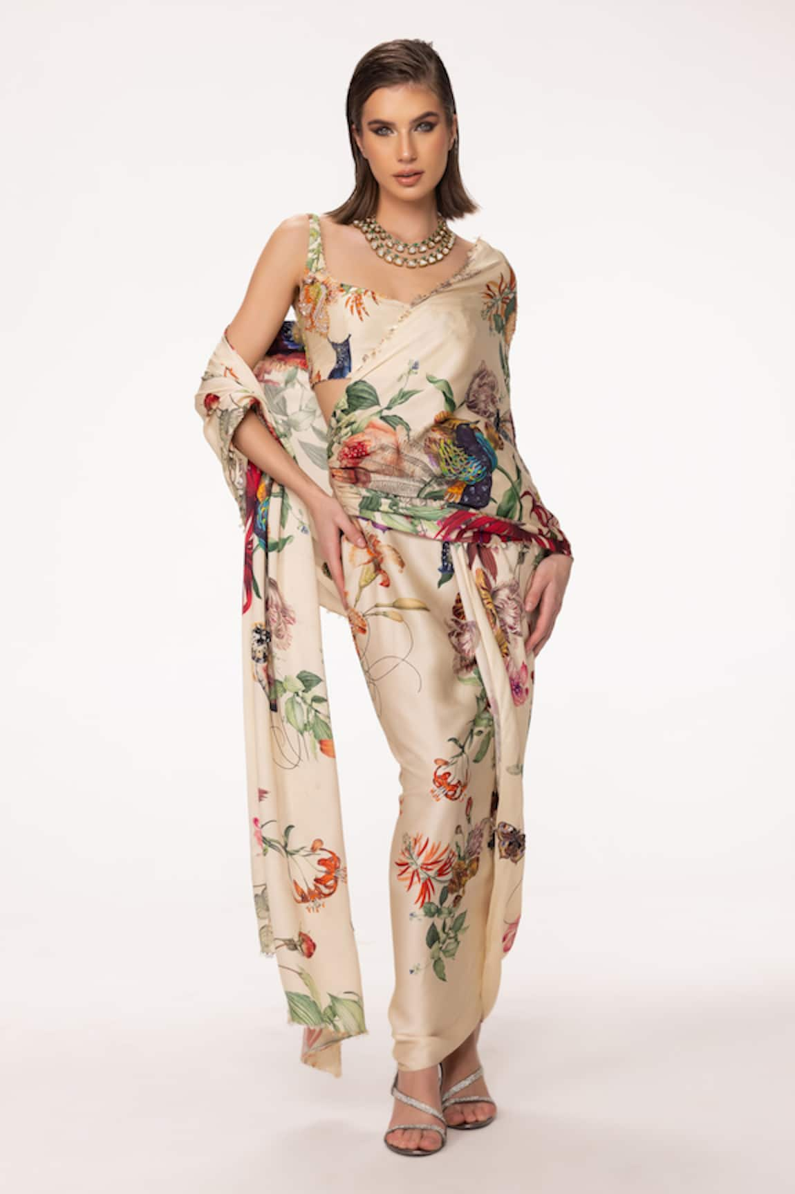 EEKSHA Floral Print Pre-Draped Saree With Blouse