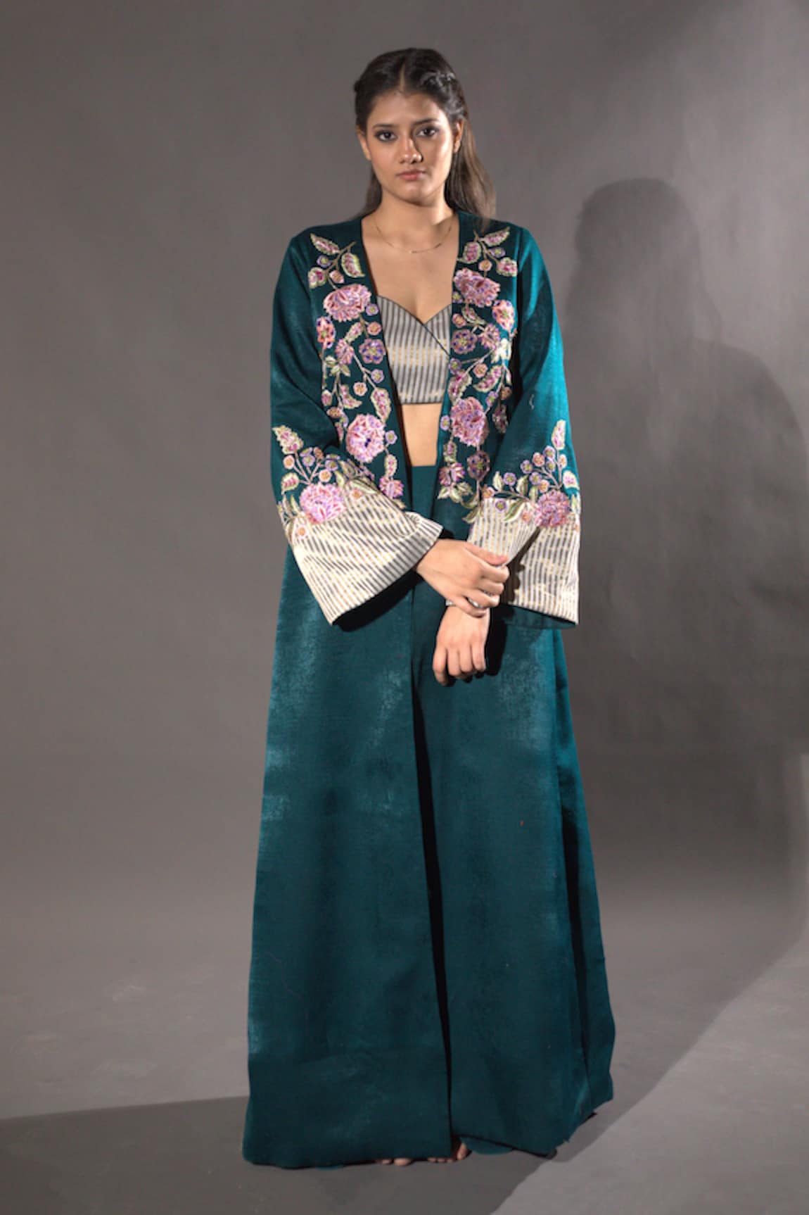 VikaByArvindAmpula Floral Blossom Embroidered Overcoat Pant Set