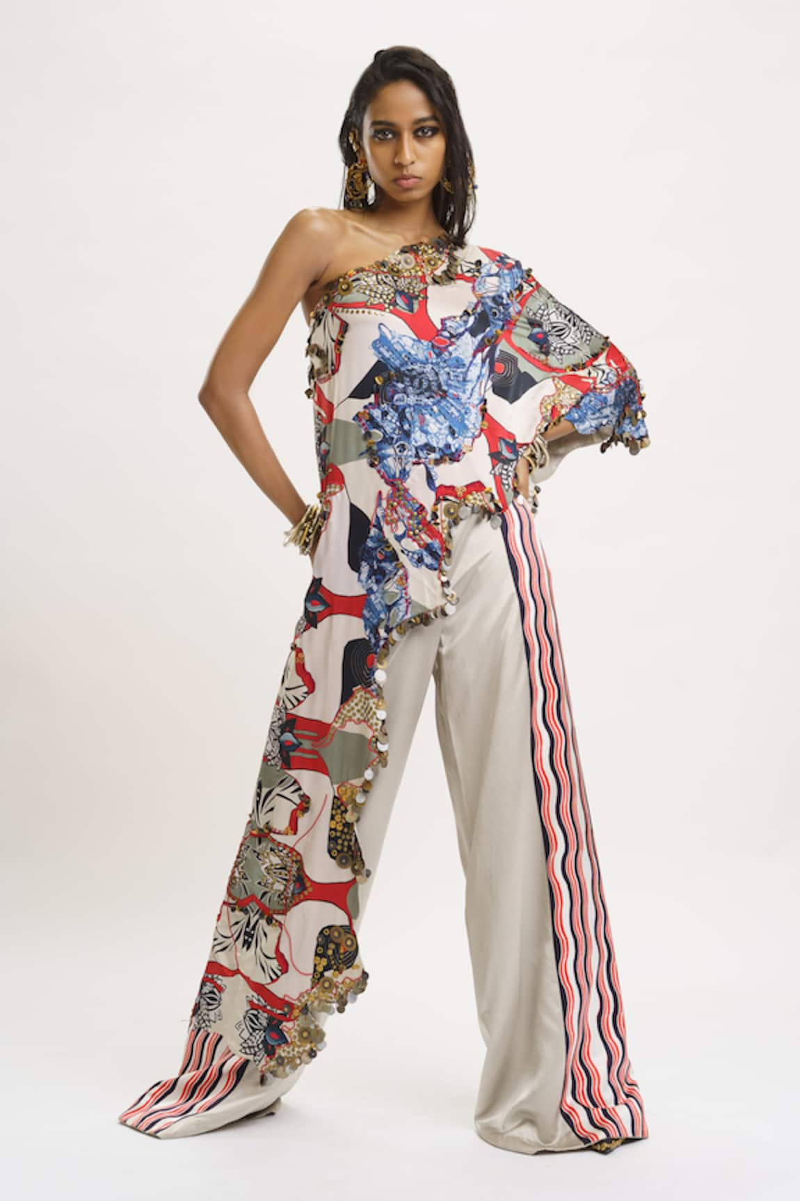 AK-OK Printed One Shoulder Top & Trouser Set