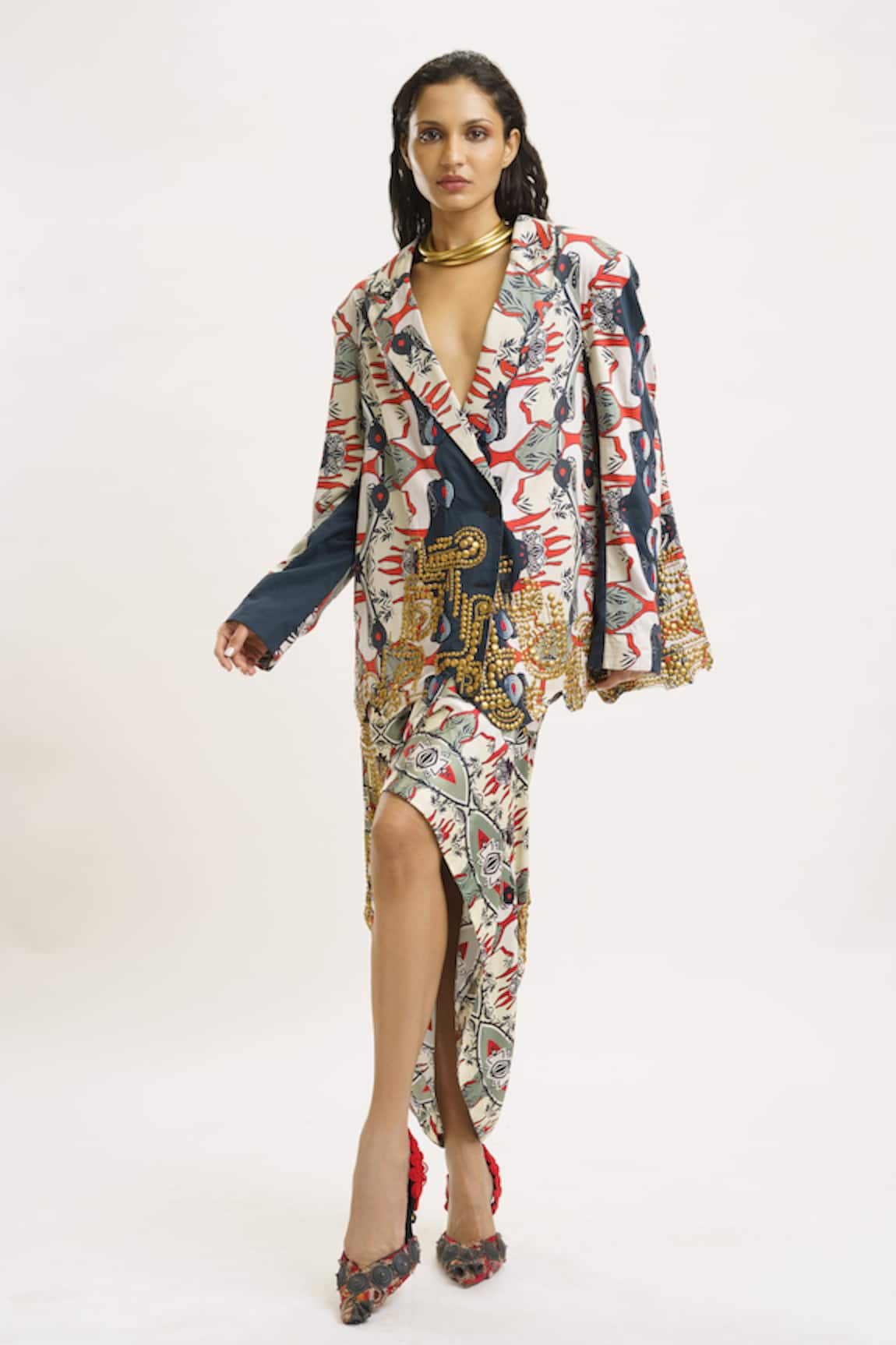 AK-OK Silk Printed Blazer Knotted Skirt Set