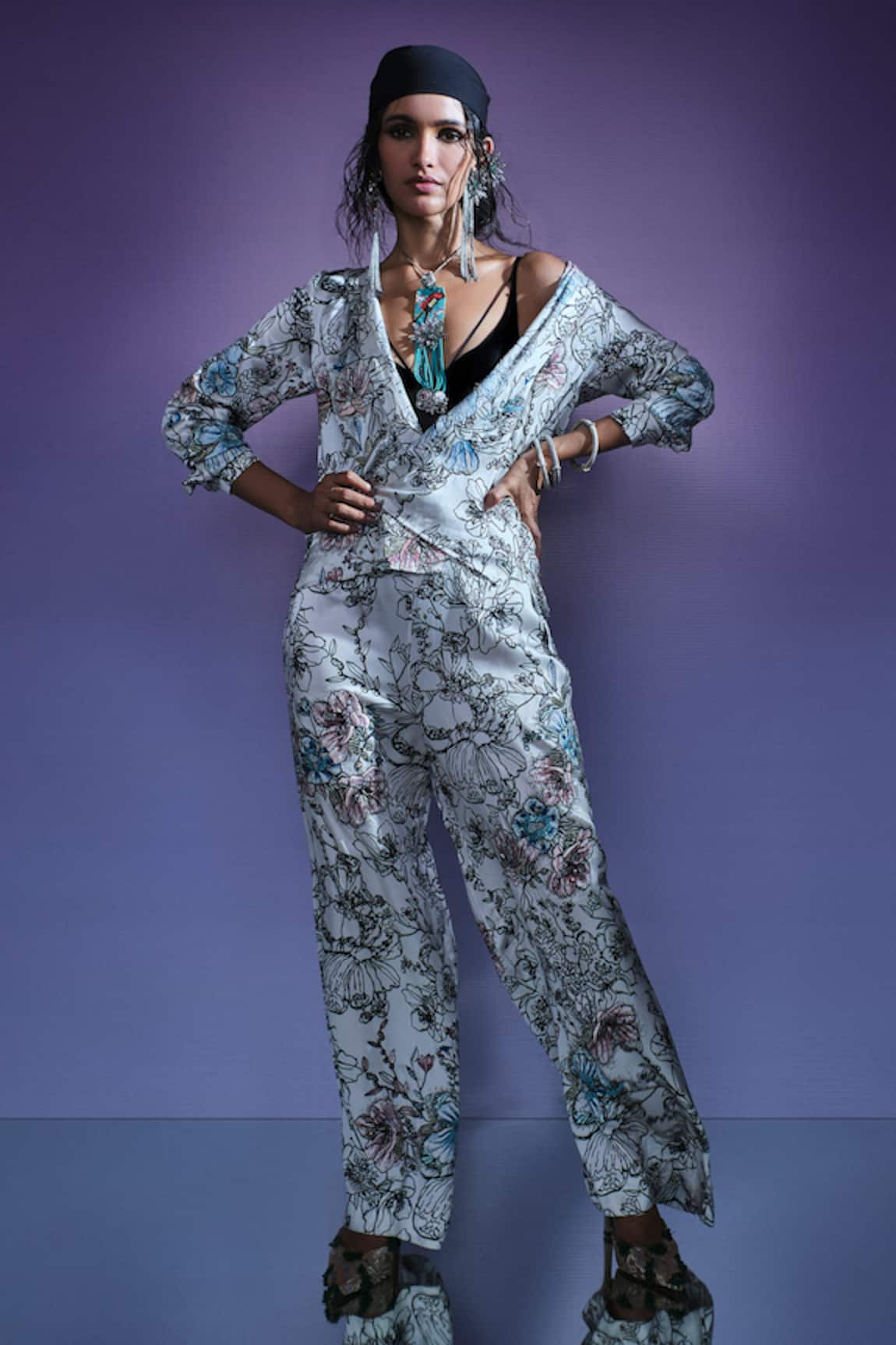 AK-OK Silk Floral Print Jacket & Pant Set