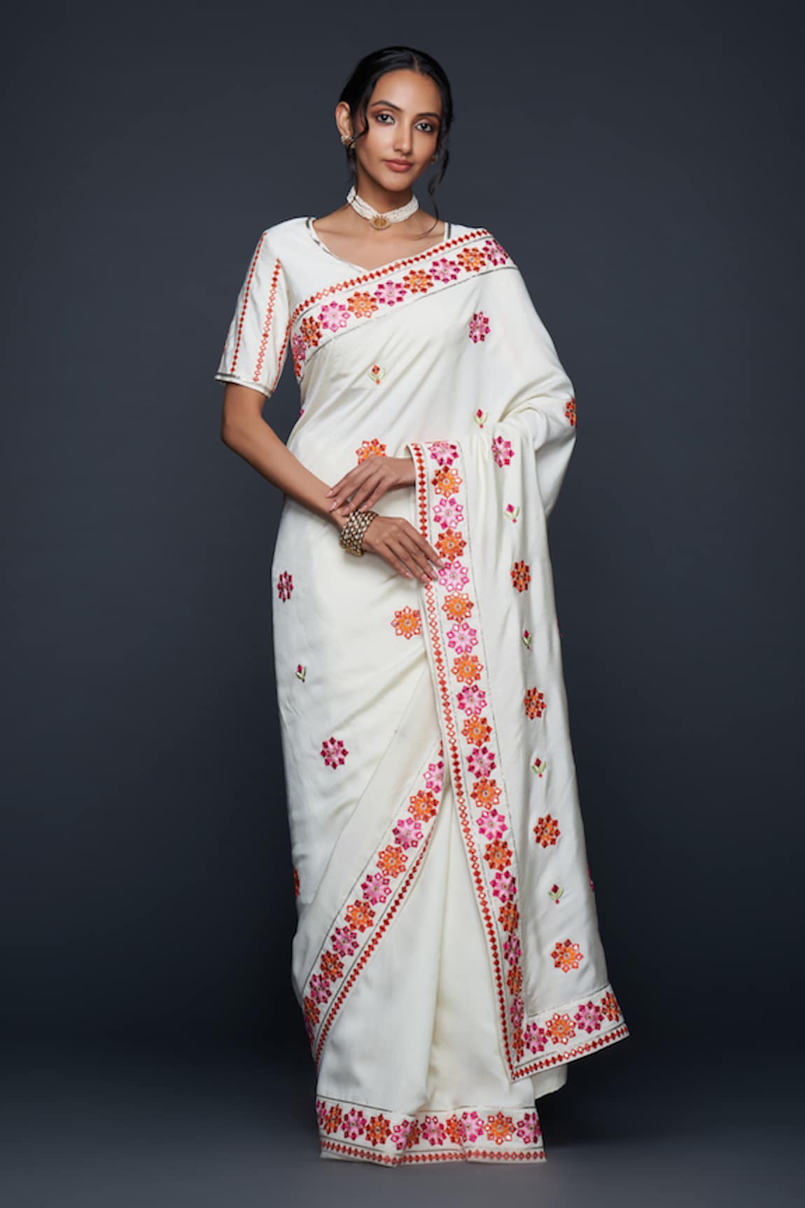 Gulabo by Abu Sandeep Floral Motif Thread & Mirror Embroidered Saree