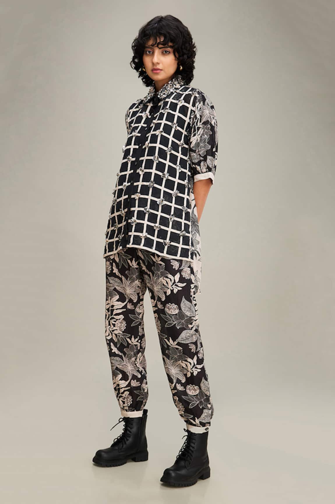 Soup by Sougat Paul Ahyana Checkered Embroidered Shirt & Pant Set