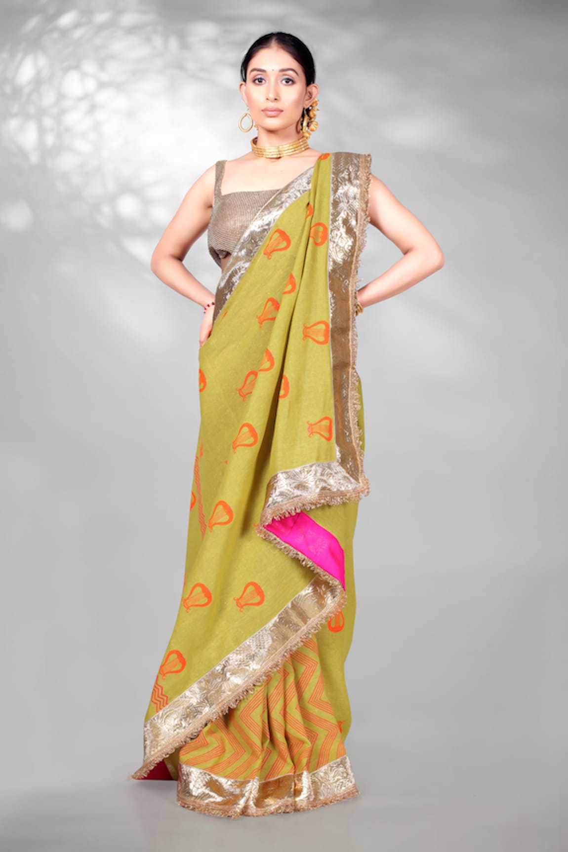 Anita Kanwal Harp Block Print Saree With Unstitched Blouse Piece