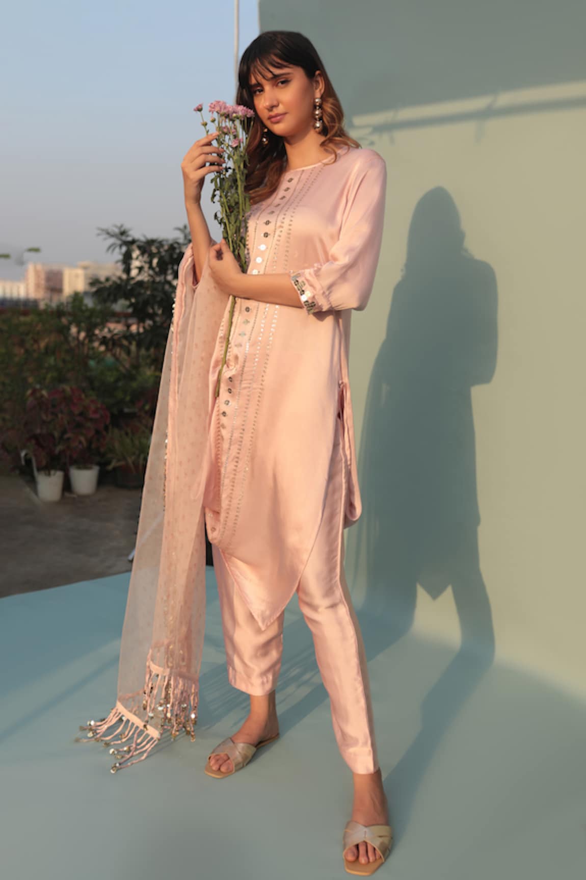 Prahnaaya Saba Sequin Embellished Draped Kurta Pant Set