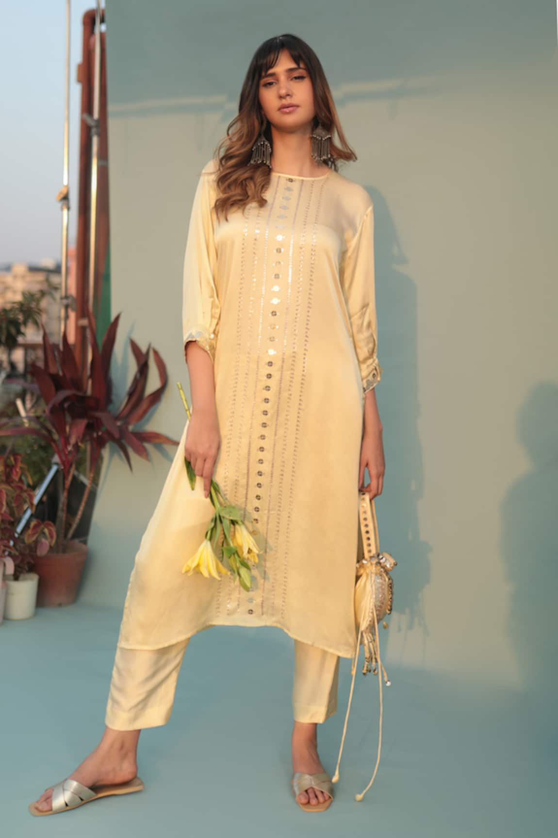 Prahnaaya Saba Sequined Stripe Kurta With Pant