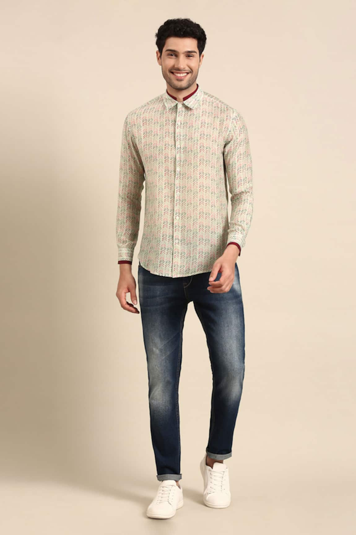 Mayank Modi - Men Linear Arrow Print Layered Collar Shirt