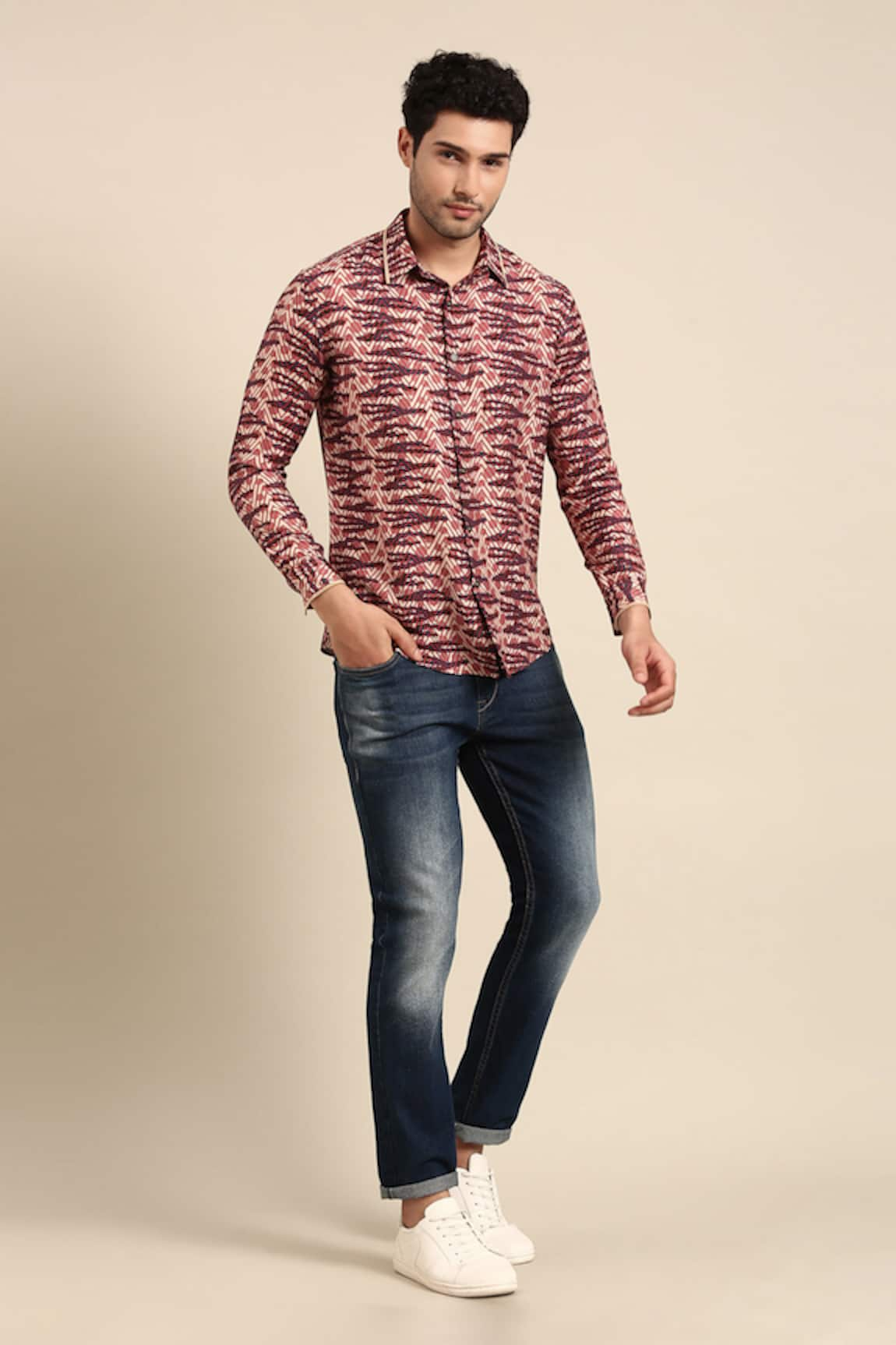 Mayank Modi - Men Chevron Print Front Placket Shirt