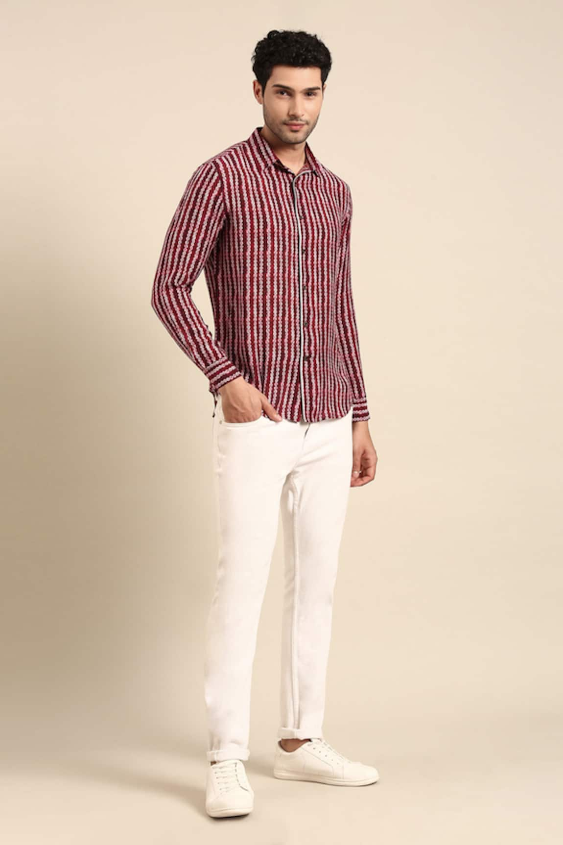 Mayank Modi - Men Stripe Print Front Placket Shirt