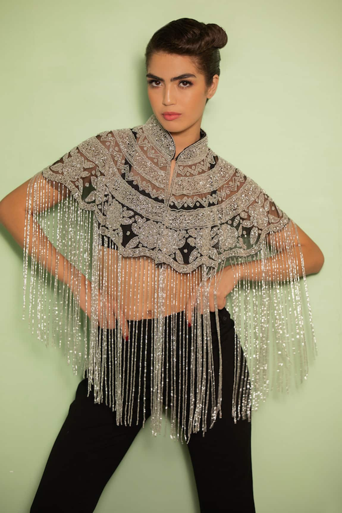 MODARTA Bead Embellished Tasselled Cape