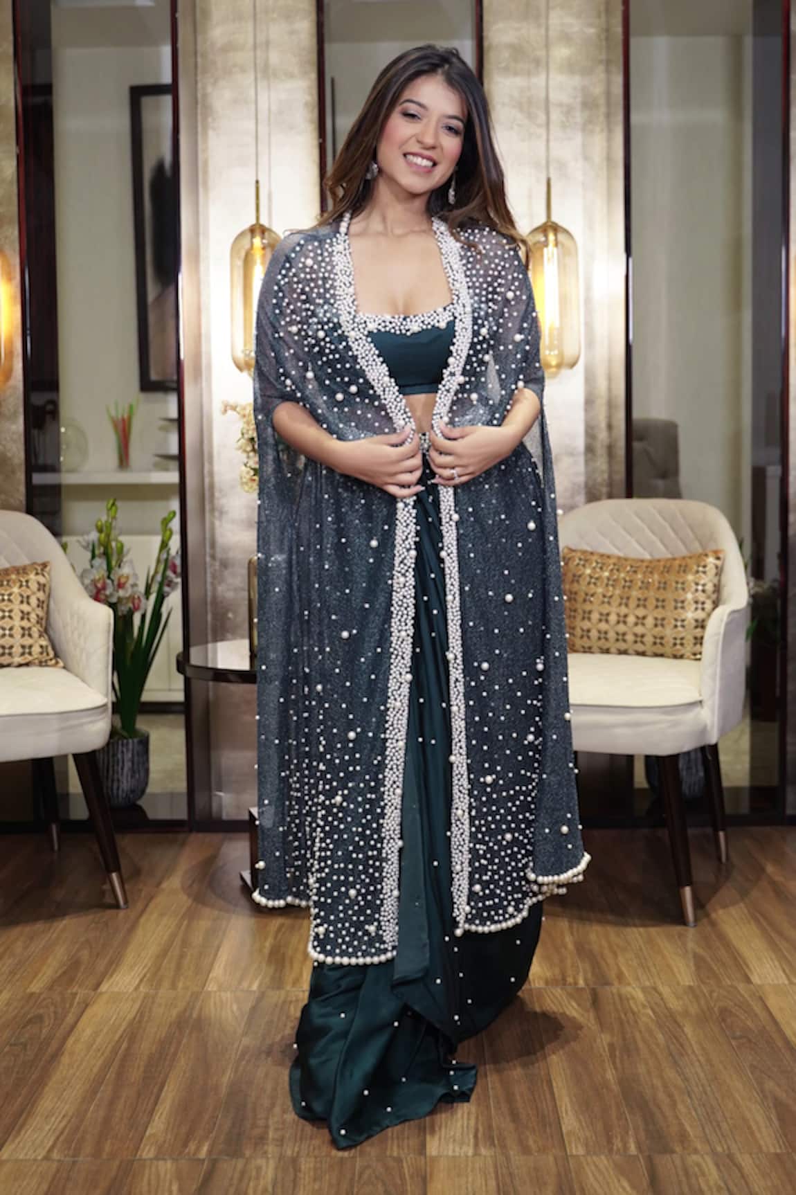 Mehul Gupta Astral Pearl Embellished Cape Draped Dhoti Skirt Set