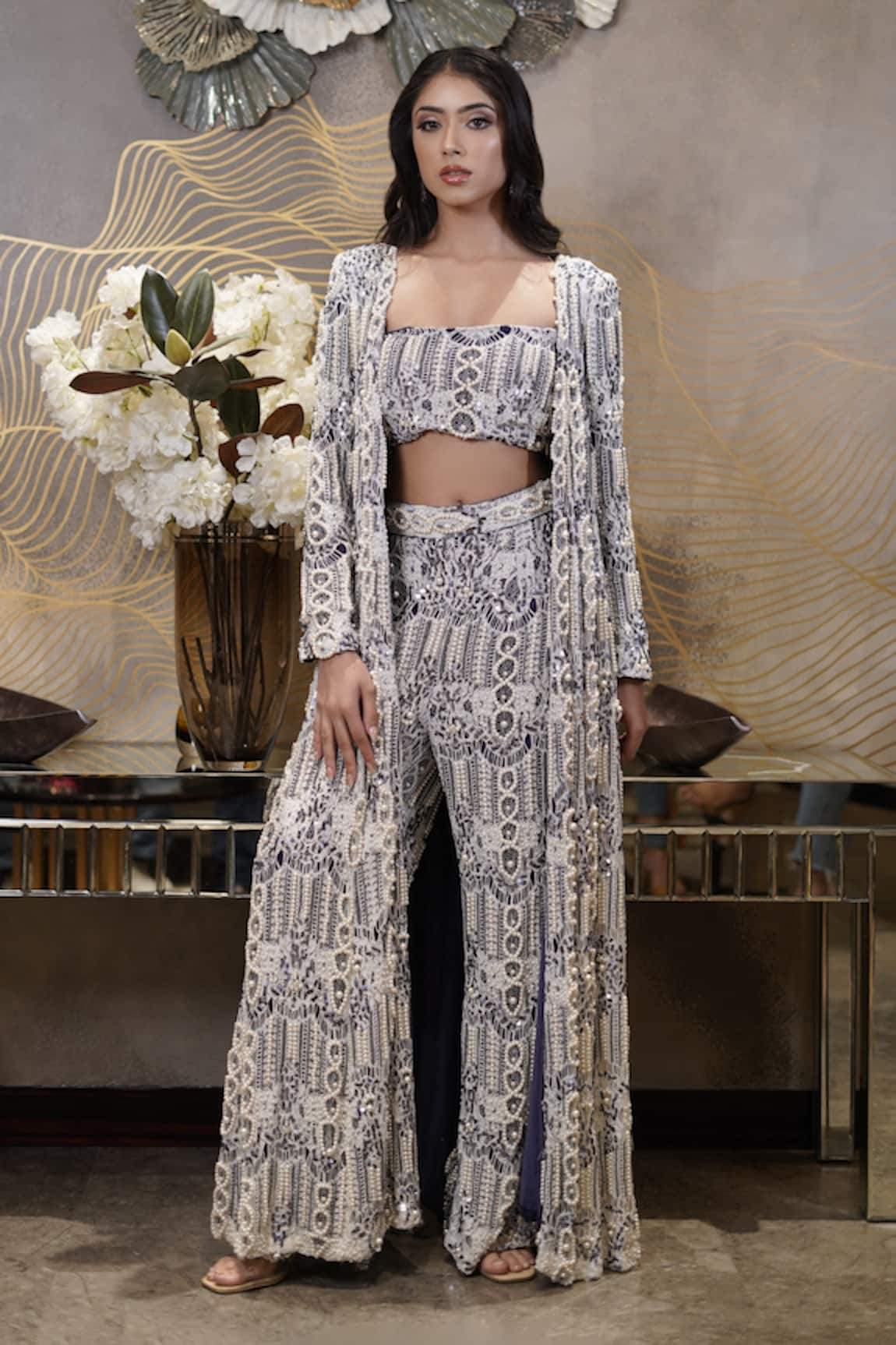 Mehul Gupta Pearl Embellished Bloom Lace Jacket Flared Pant Set