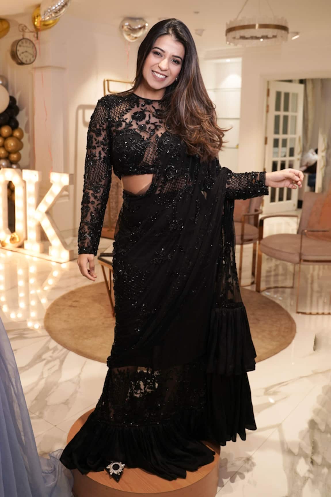 Mehul Gupta Midnight Sequin Fleur Embellished Pre-Draped Saree With Blouse