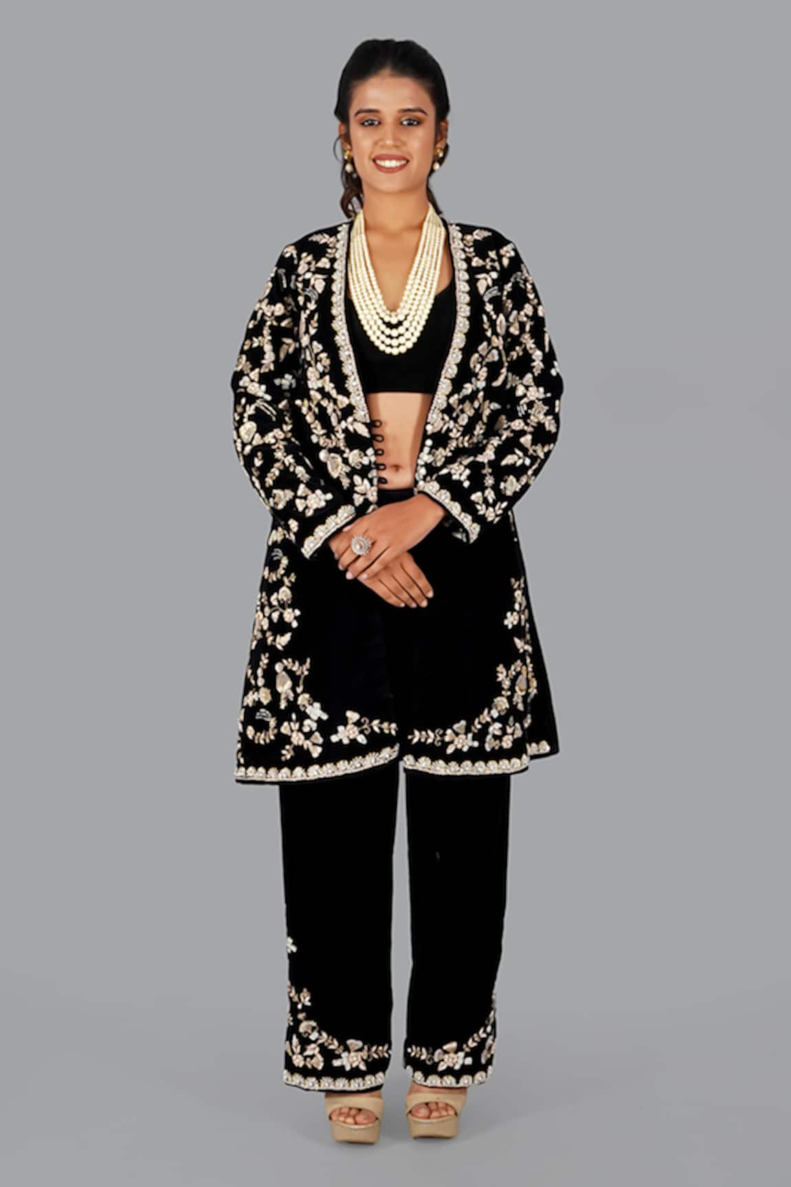 Gaurav Katta Velvet Floral Thread Embroidered Jacket Pant Set