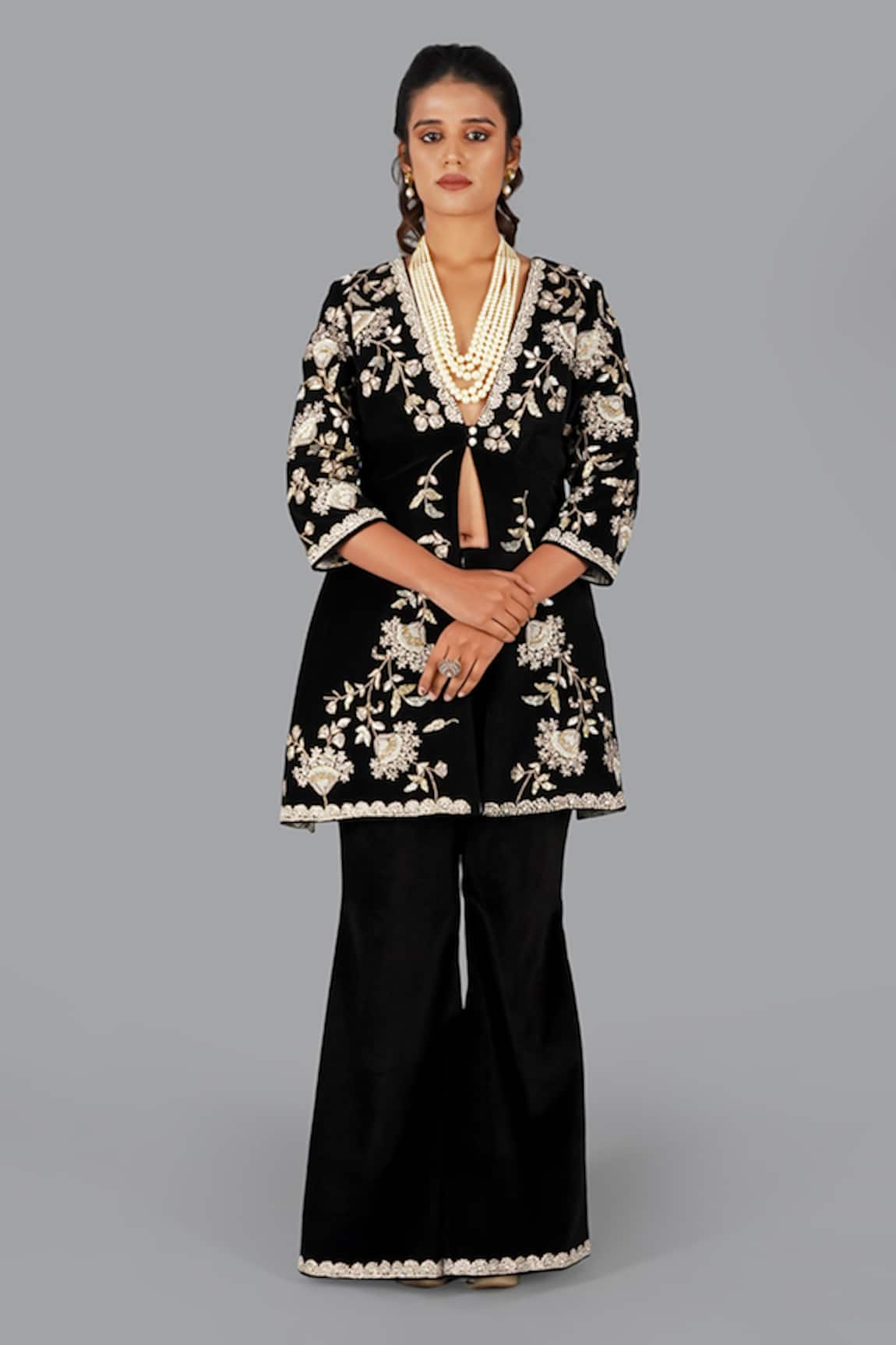 Gaurav Katta Velvet Pearl Embellished Jacket Pant Set