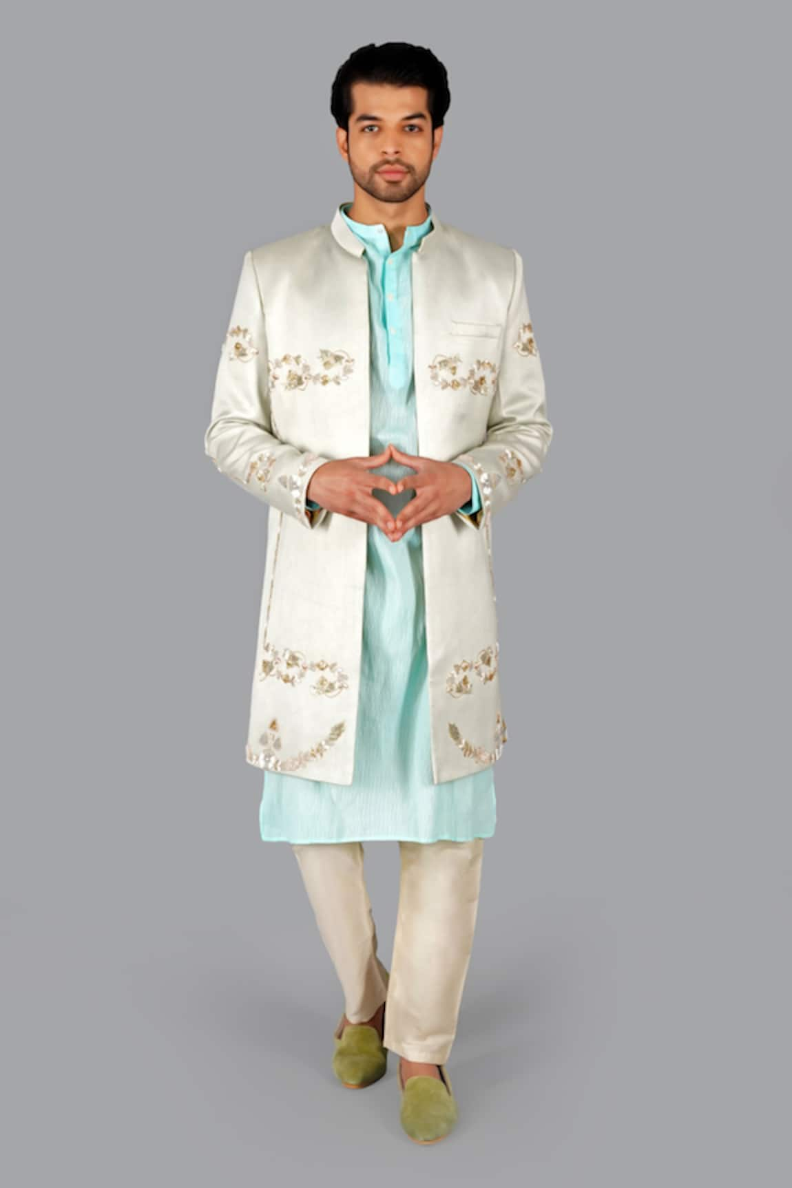 Gaurav Katta Floral Thread Embroidered Open Sherwani Pant Set