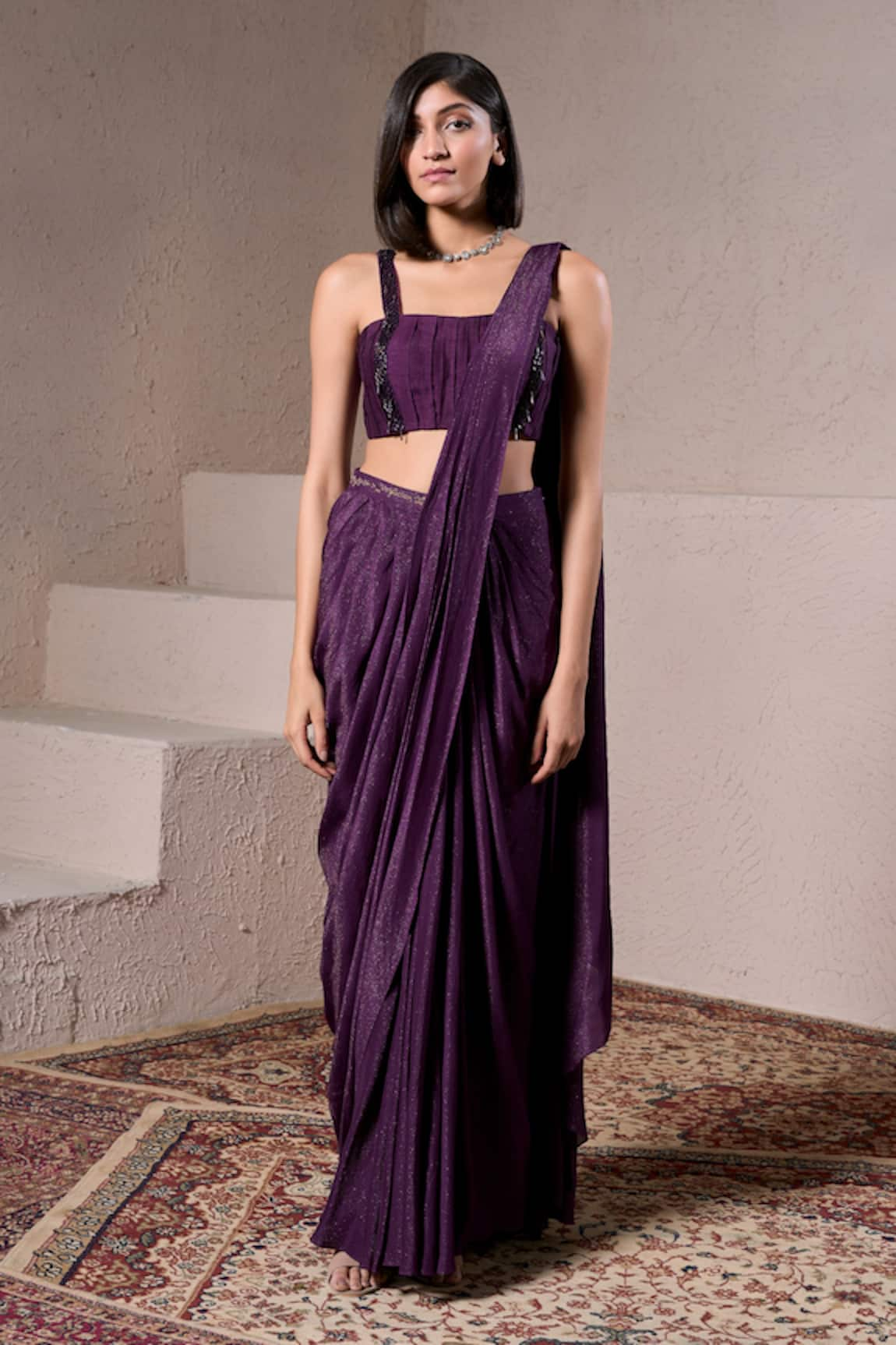 Parshya Cadbury Pre-Draped Saree With Embellished Blouse