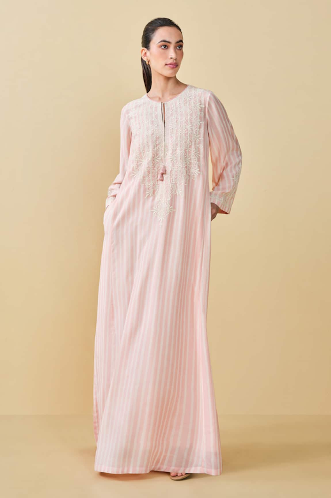 Grassroot By Anita Dongre Berry Pluck Stripe Hand Block Print Kaftan