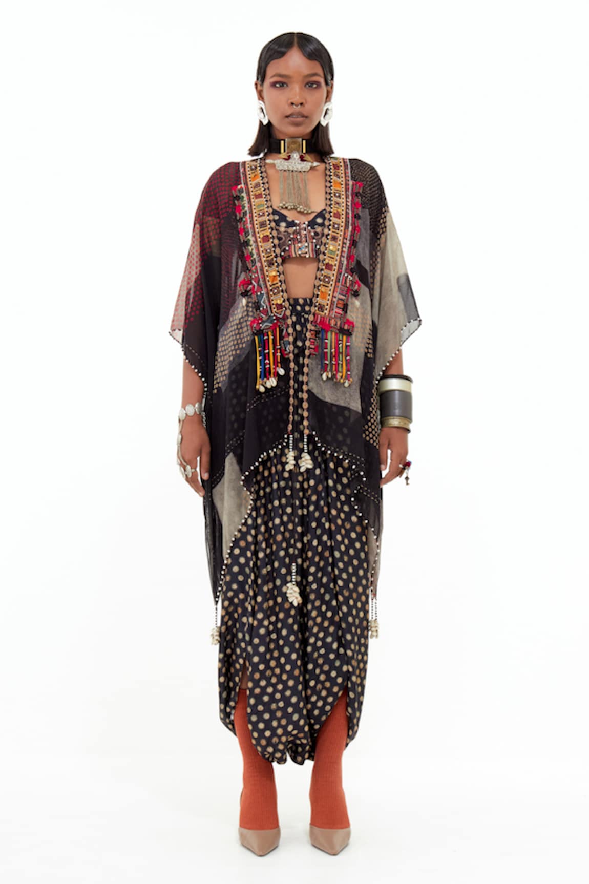 Aseem Kapoor Gami Boho Print Sheer Envelope Jacket Draped Skirt Set