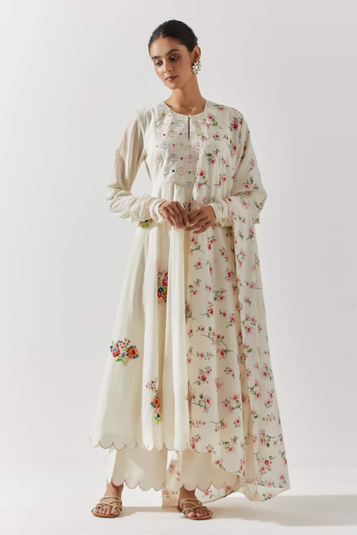 Label Earthen Floral Embroidered Anarkali Pant Set