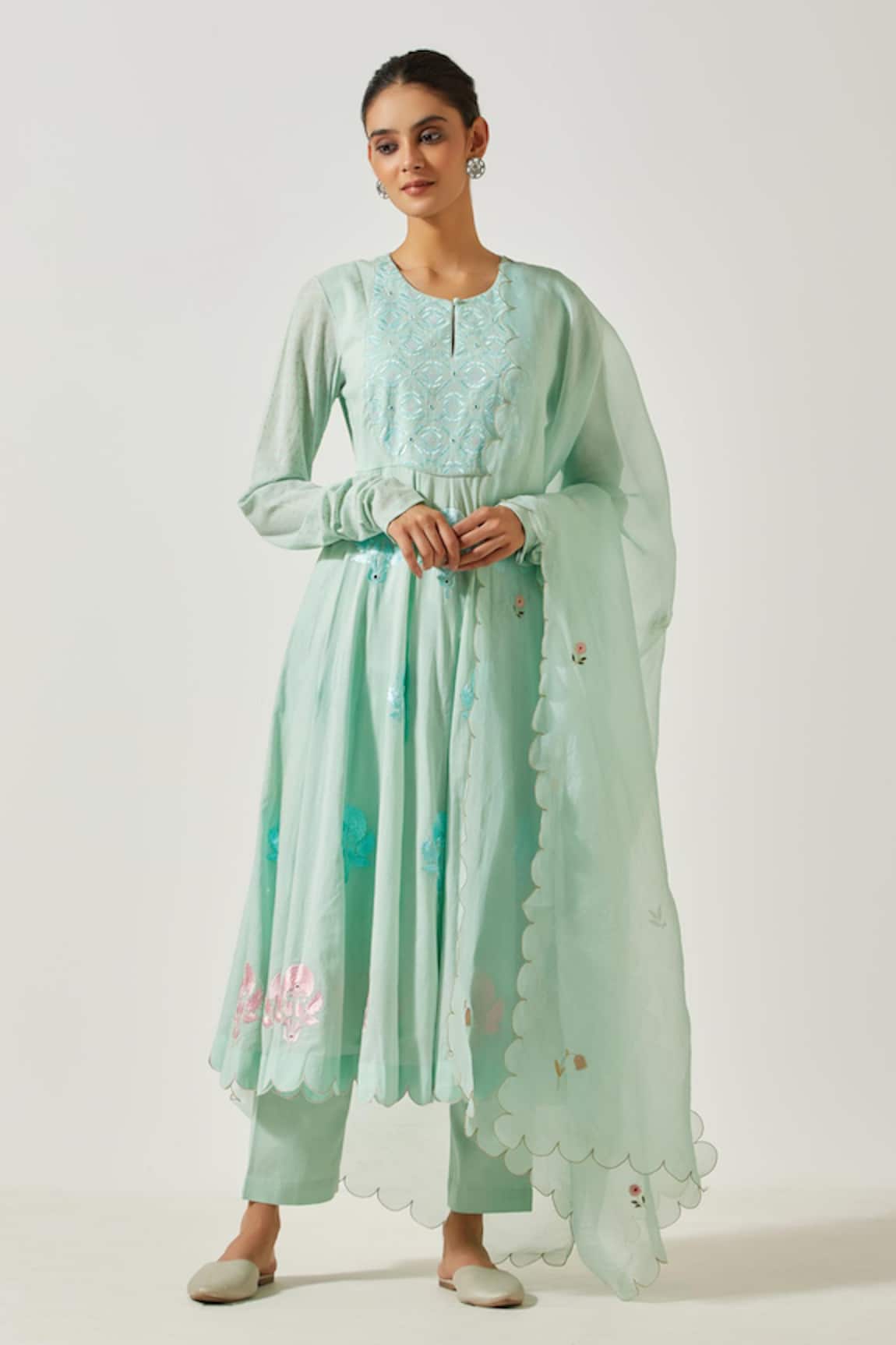 Label Earthen Resham Embroidered Anarkali Pant Set