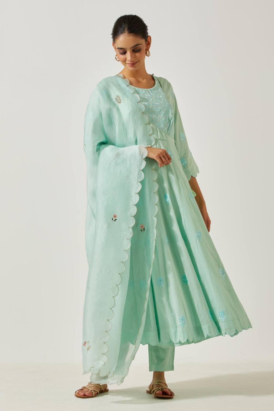 Label Earthen Floral Butti Embroidered Anarkali With Pant