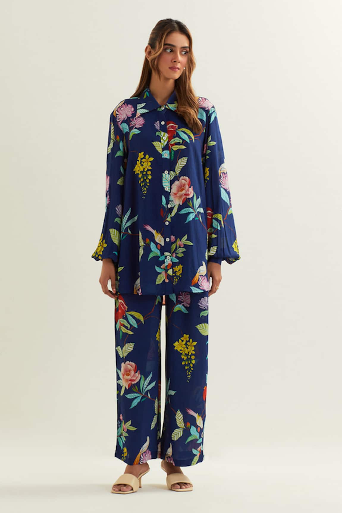 Label Earthen Sapphire Floral Pattern Shirt Pant Co-ord Set