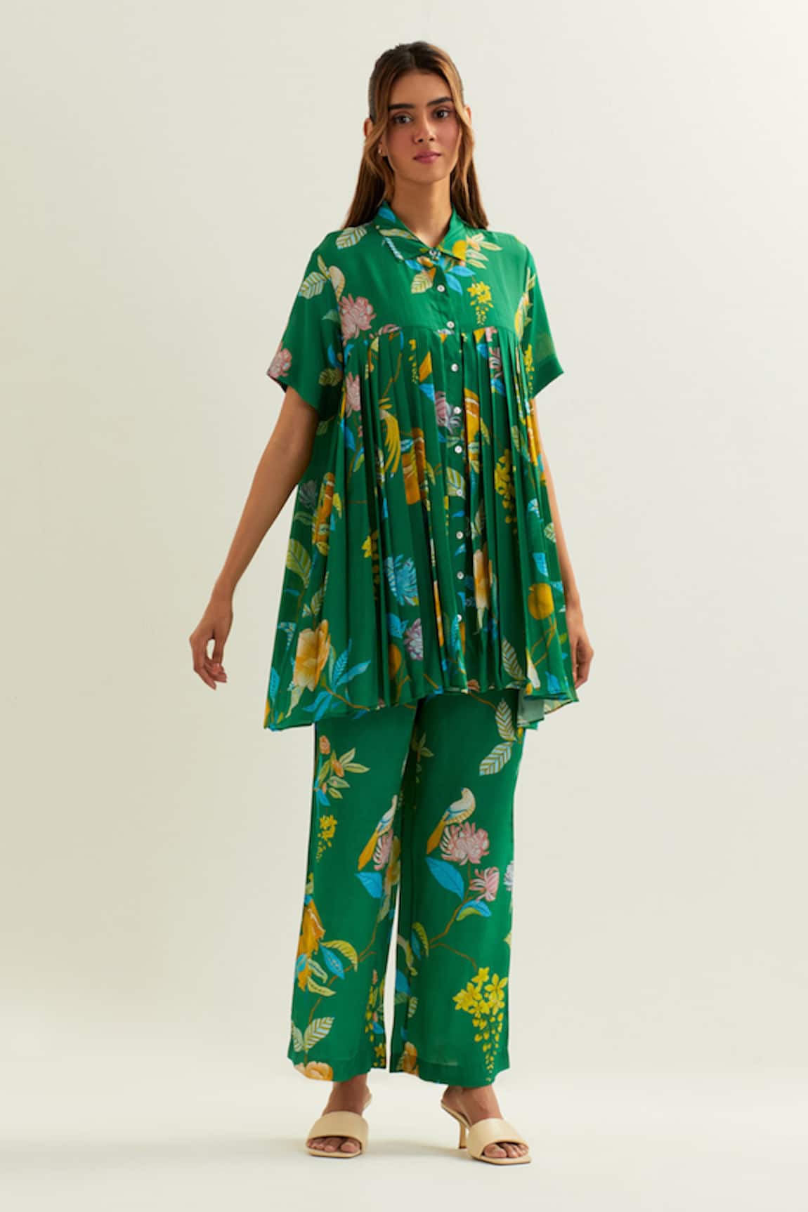 Label Earthen Rana Botanical Pattern Pleated Tunic With Pant