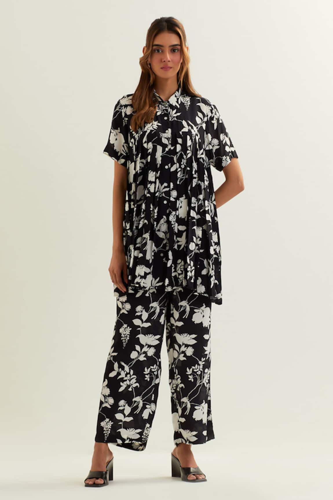 Label Earthen Buna Night Lily Print Pleated Shirt With Flared Pant