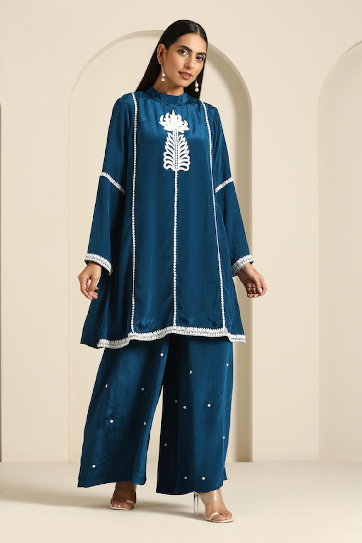 Wazir C Leaf Embroidered Kurta With Flared Pant