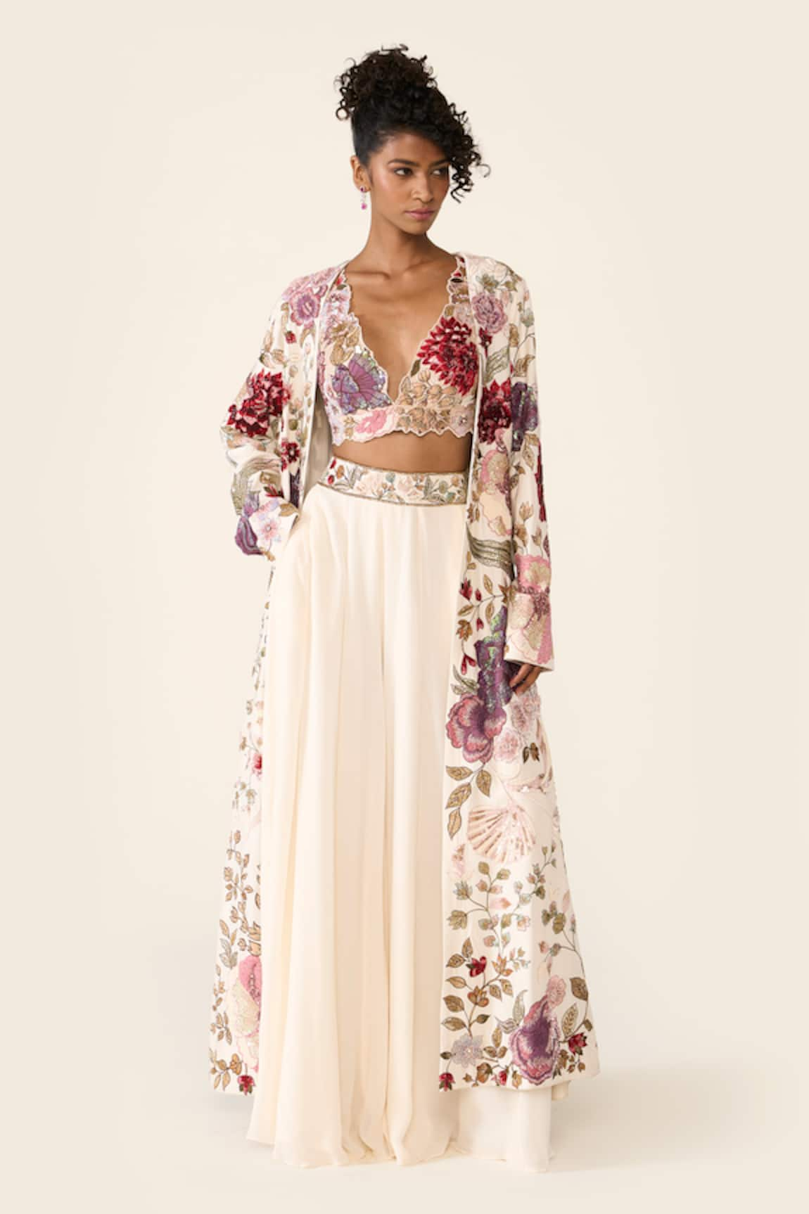 Varun Bahl Floral Print Embroidered Cape Trouser Set