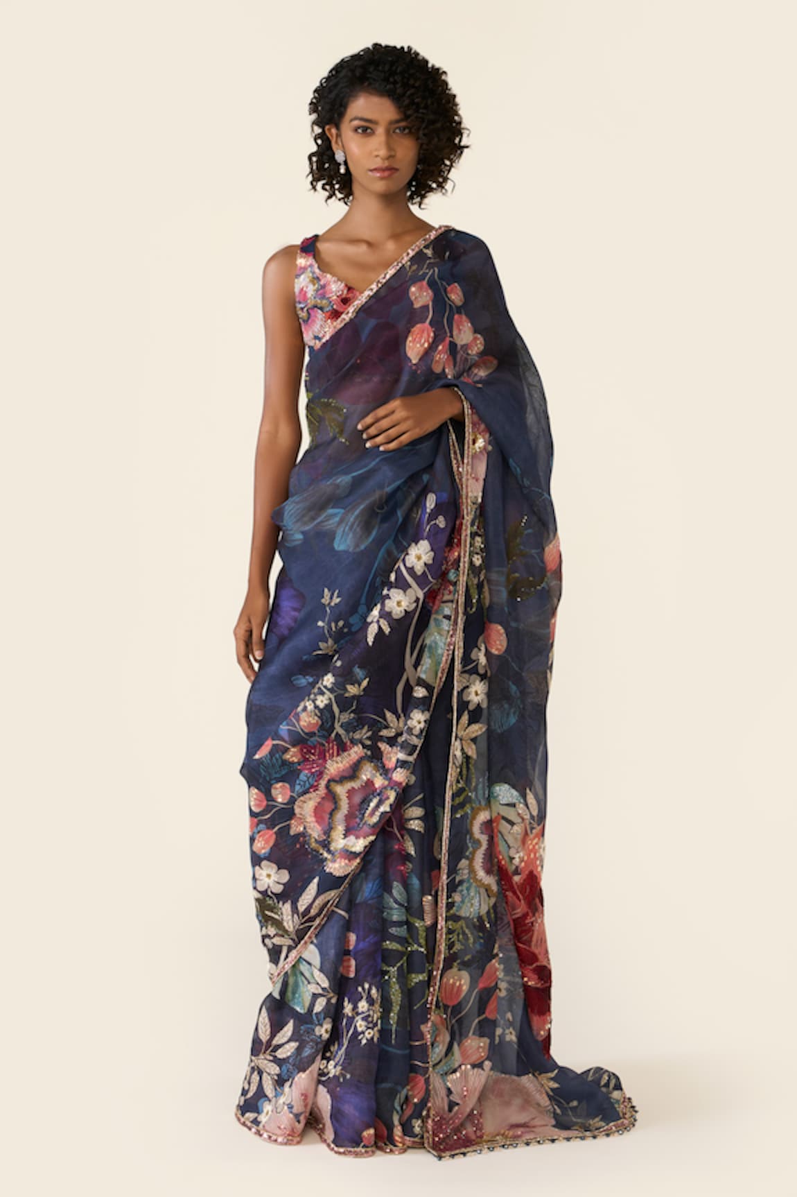 Varun Bahl Floral Print Saree With Embroidered Blouse