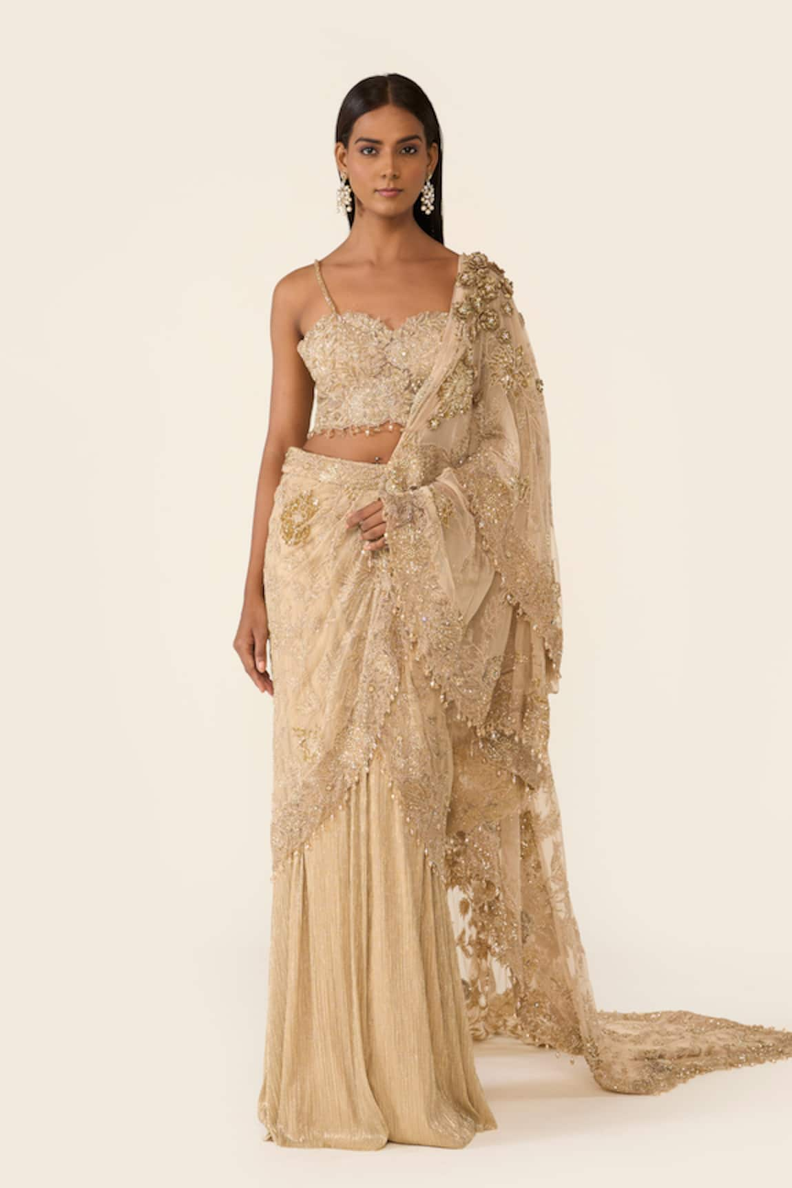 Varun Bahl Floral Embroidered Pre-Draped Saree With Blouse