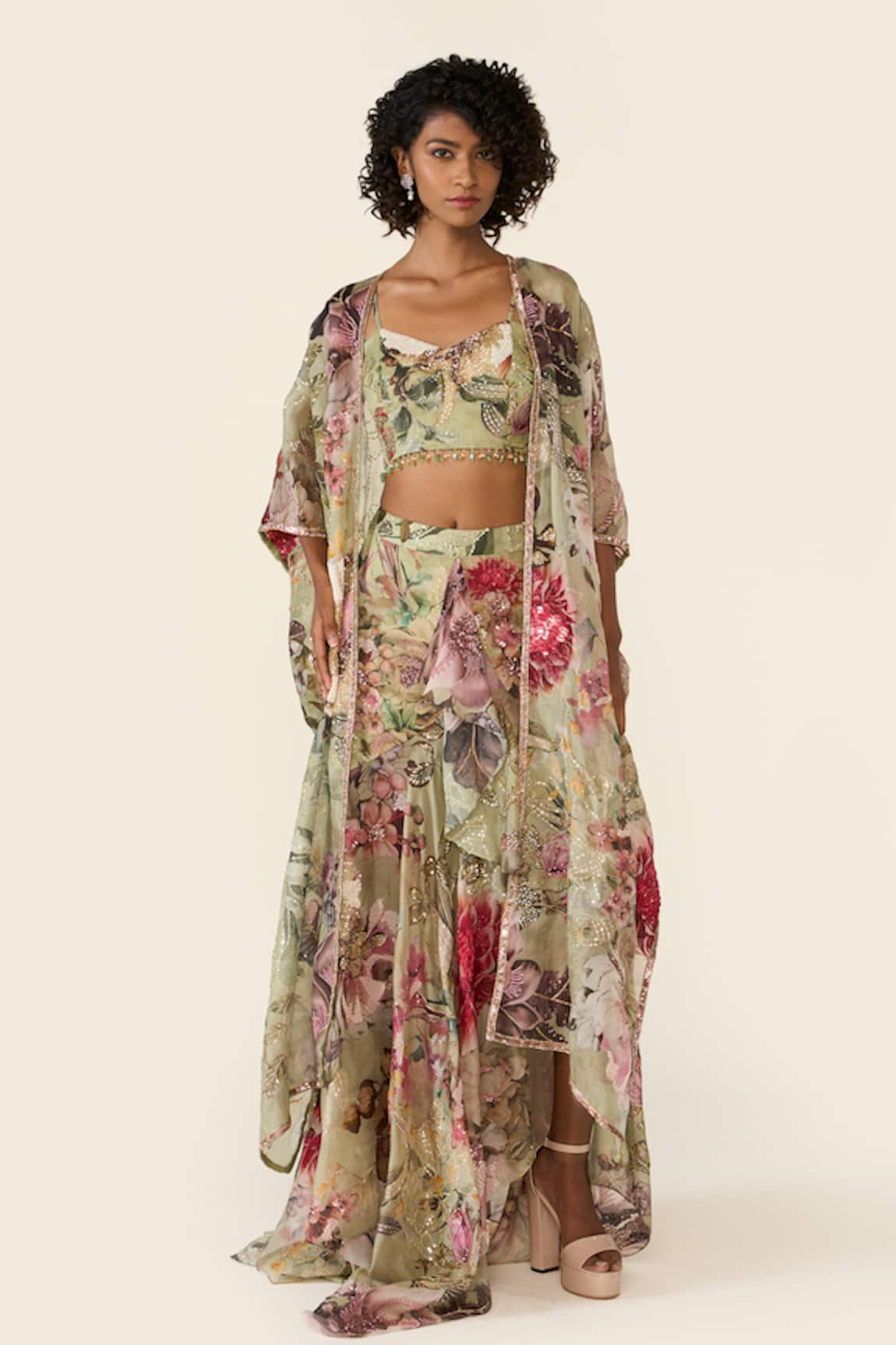 Varun Bahl Floral Print Cape & Asymmetric Skirt Set