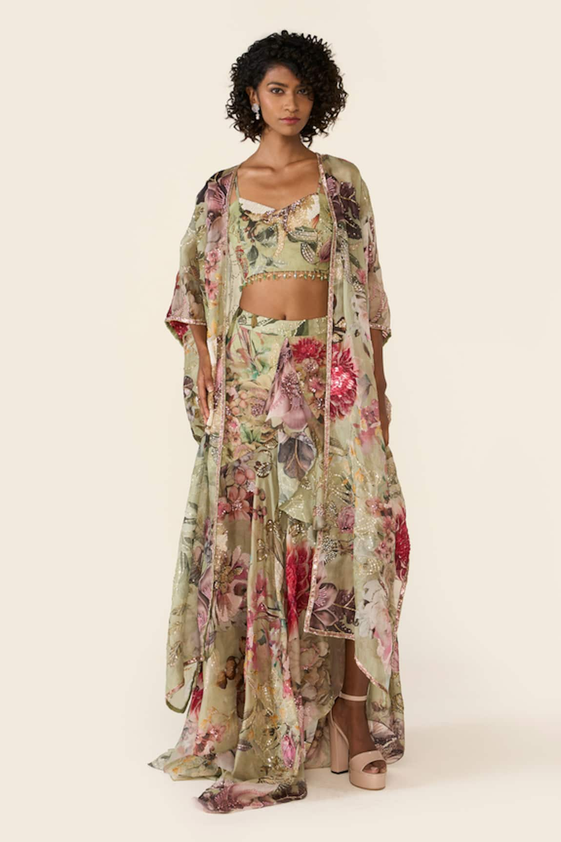 Varun Bahl Floral Print & Embroidered Cape