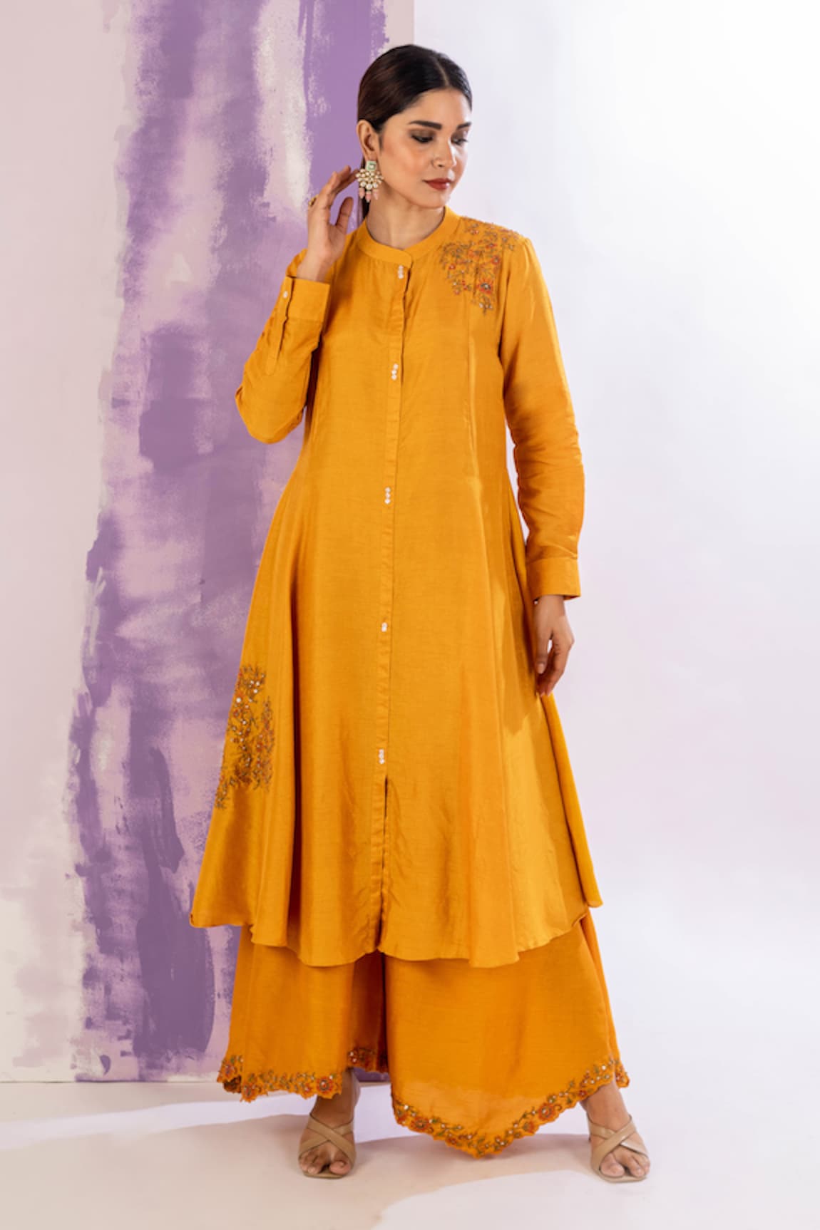 AMETHYST Placement Embroidered Flared Kurta Palazzo Set