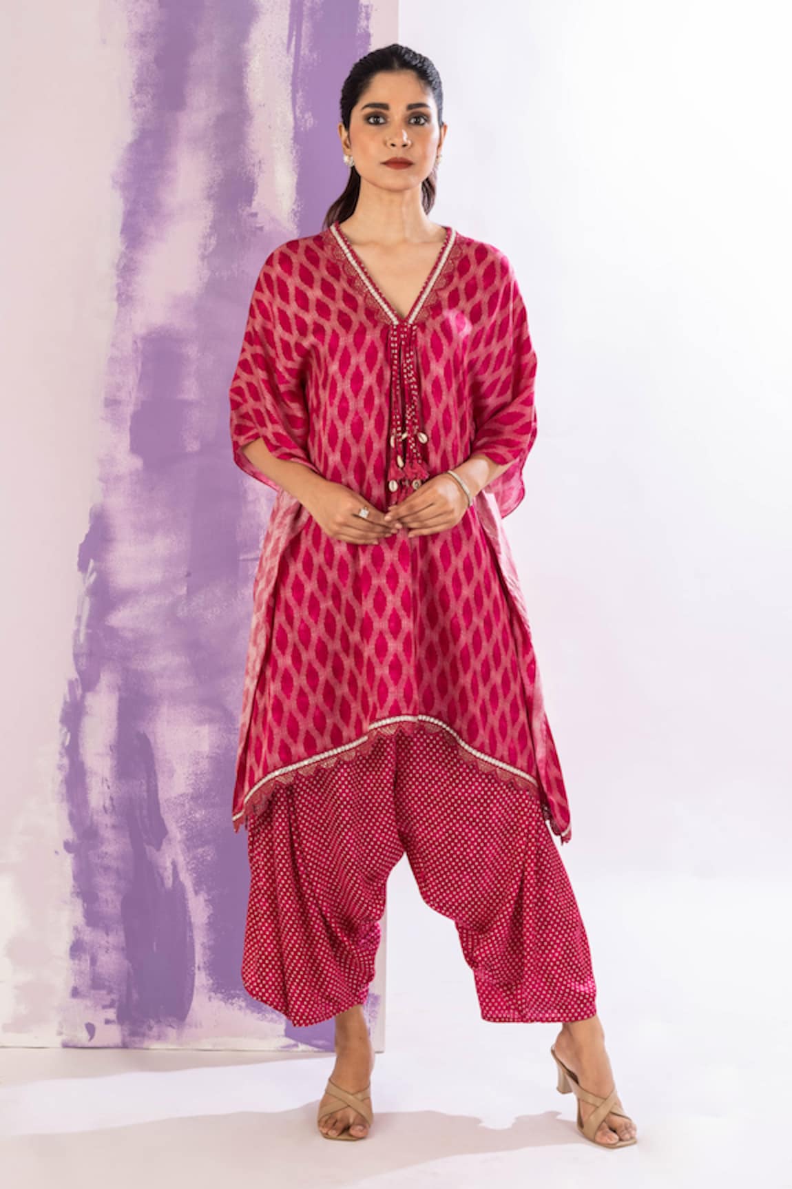 AMETHYST Asymmetric Jali Motif Kaftan With Dhoti