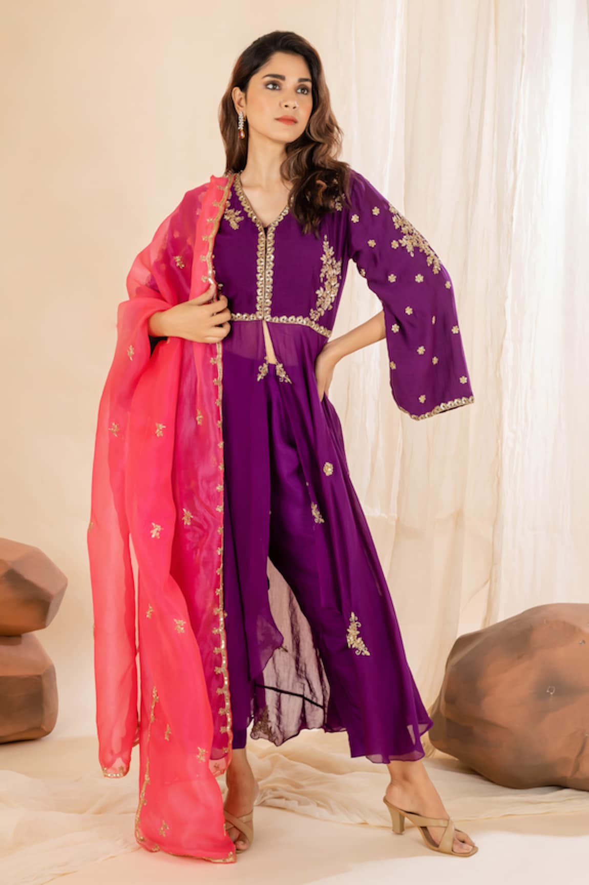 AMETHYST Floral Hand Embroidered Front Slit Kurta Set