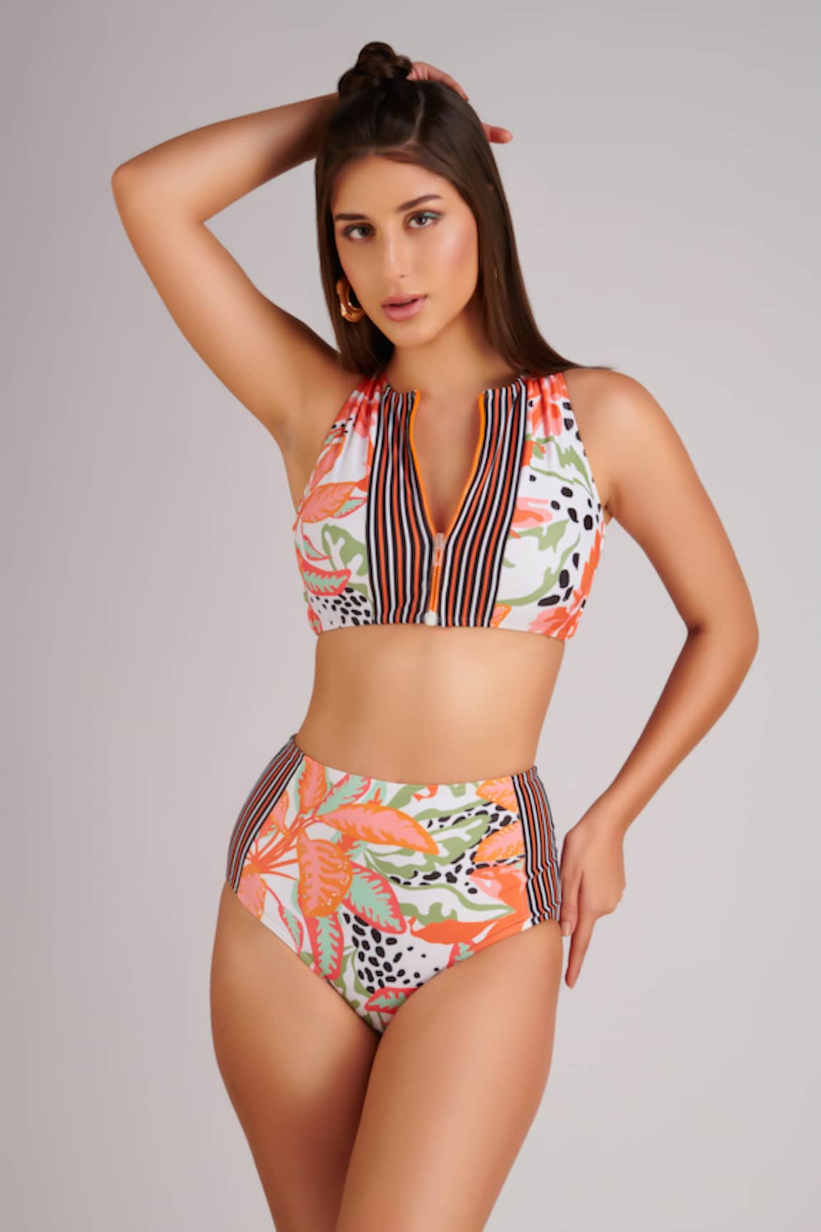 Kai Resortwear Autumn Tropical & Striped Print Bikini Set