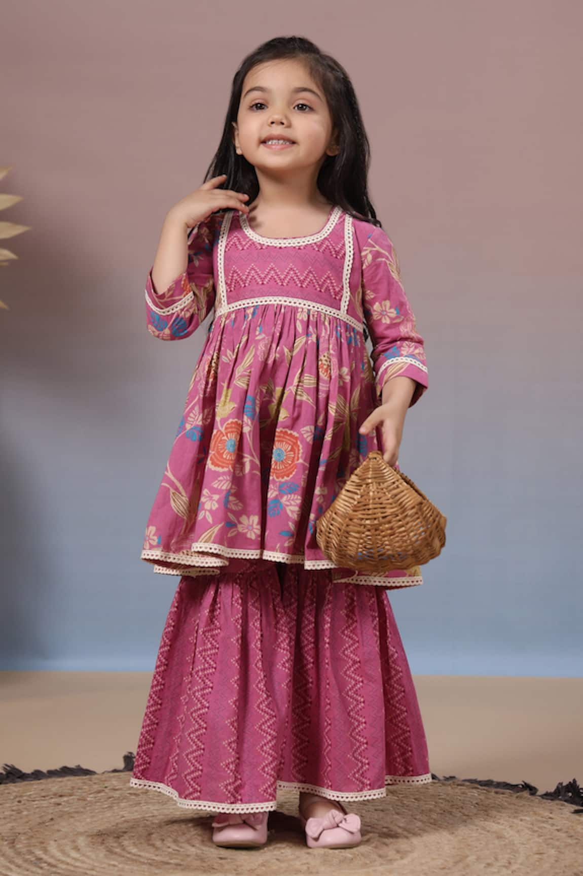 CASA NINOS Floral Print Laced Kurta & Sharara Set