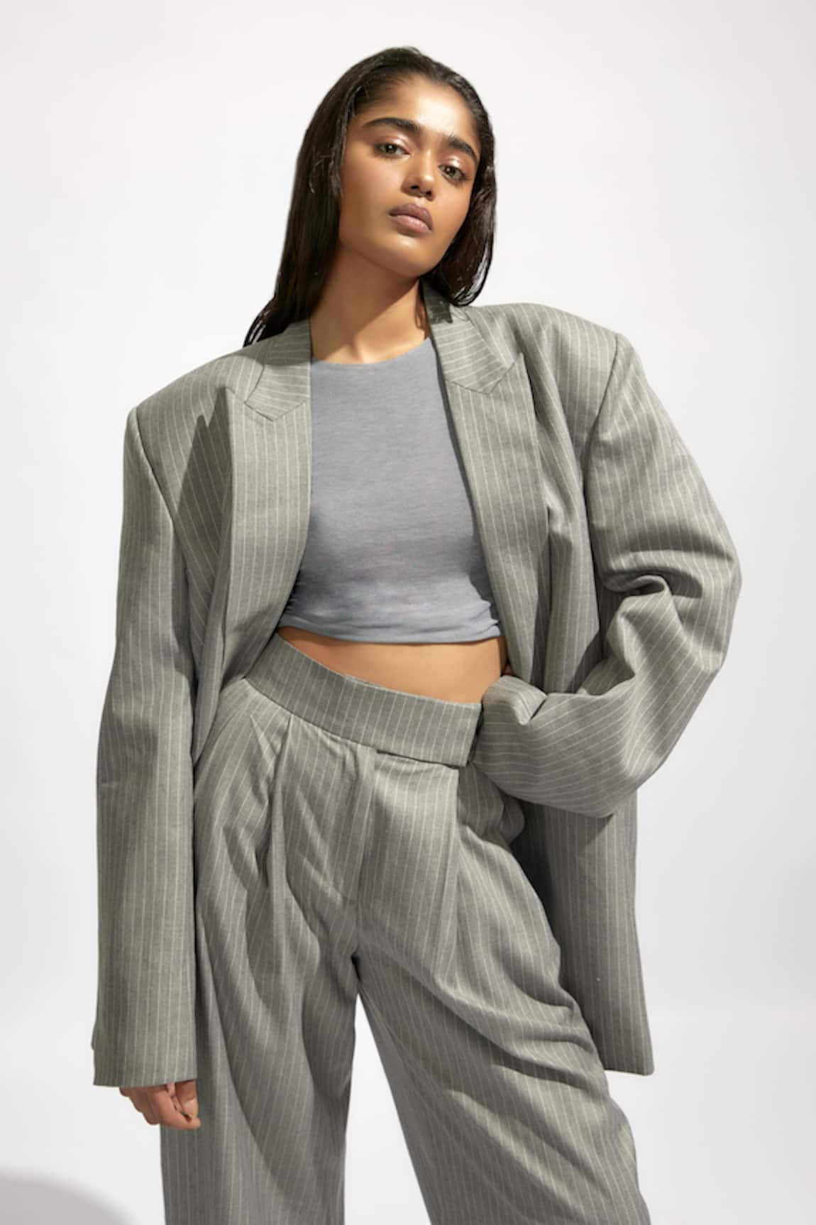 Deme by Gabriella Pin Striped Lapel Collar Oversized Blazer