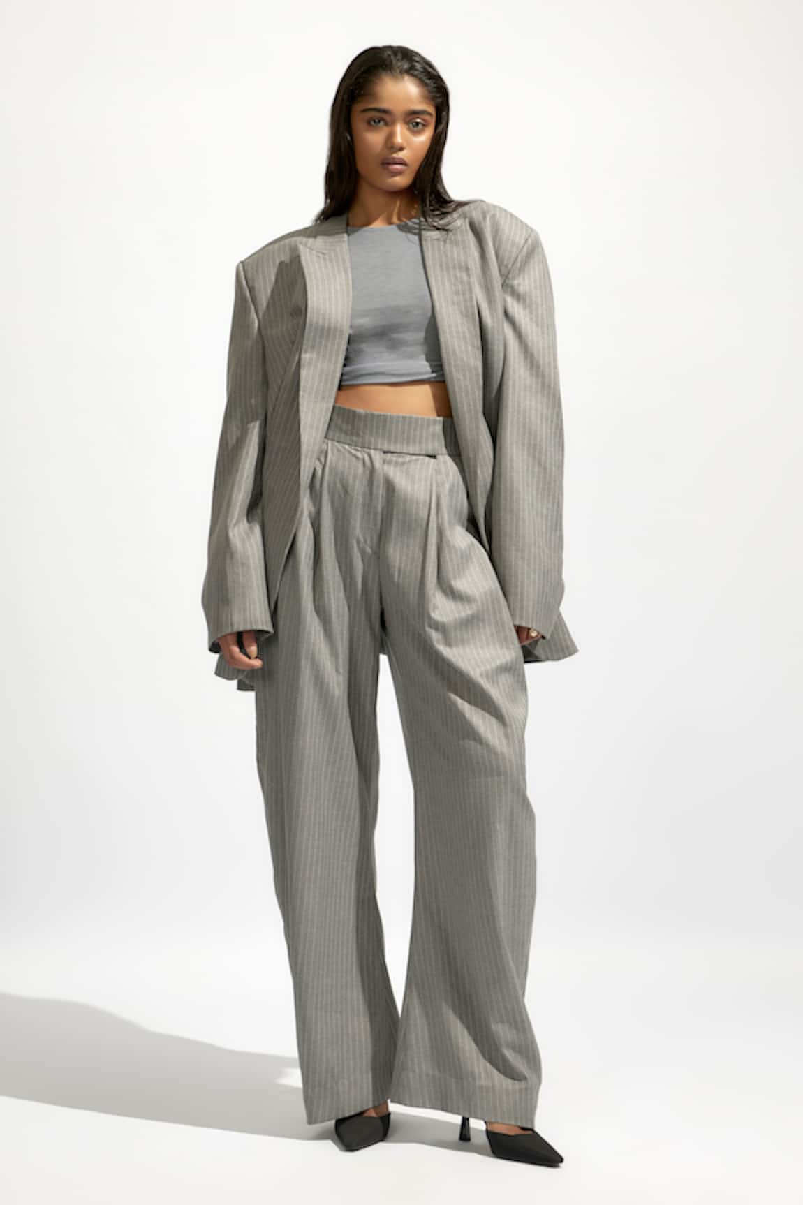 Deme by Gabriella Pin Striped Lapel Collar Oversized Blazer Trouser Set
