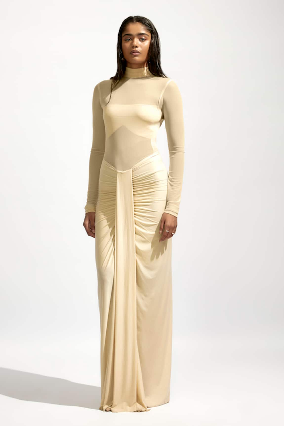 Deme by Gabriella Solid Ruched Draped Maxi Dress