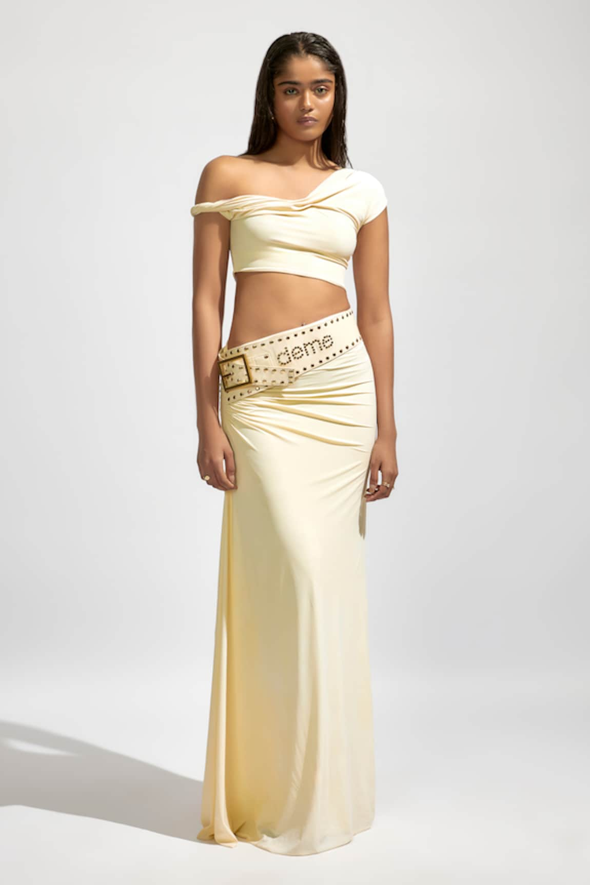 Deme by Gabriella Solid Draped Shoulder Crop Top With Ruched Long Skirt