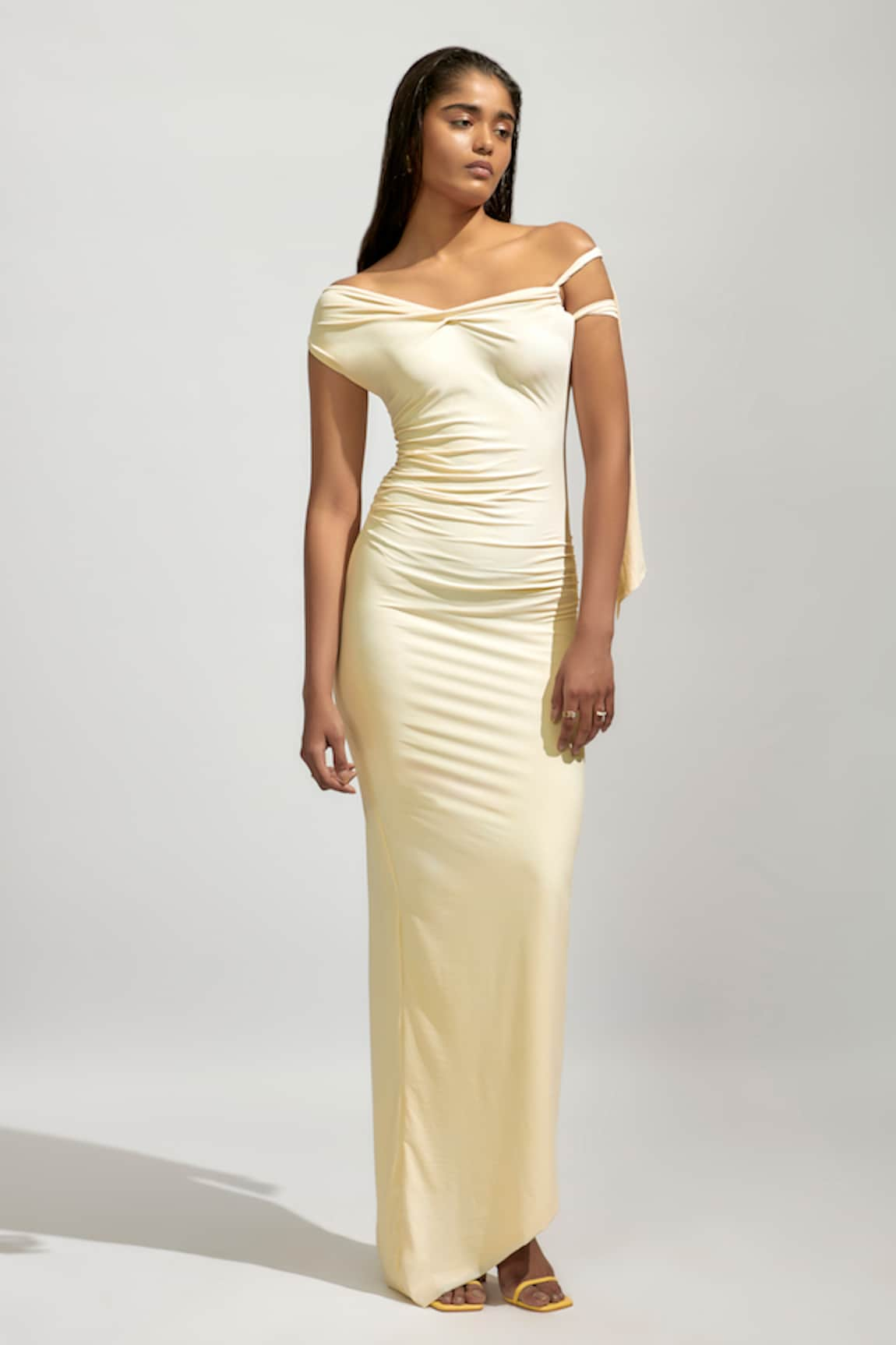 Deme by Gabriella Solid Ruched One Shoulder Maxi Dress