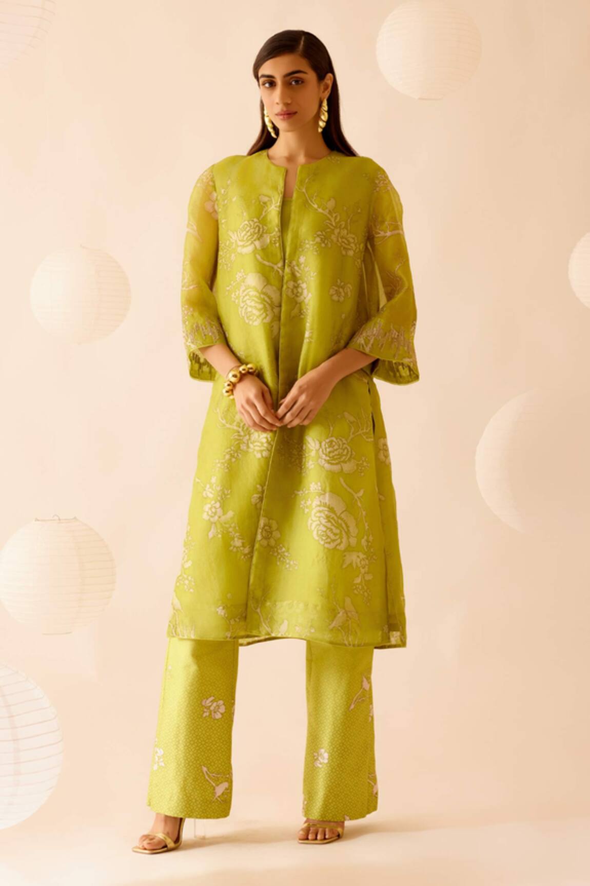Bunka Amara Rosa Print Jacket Kurta With Camisole